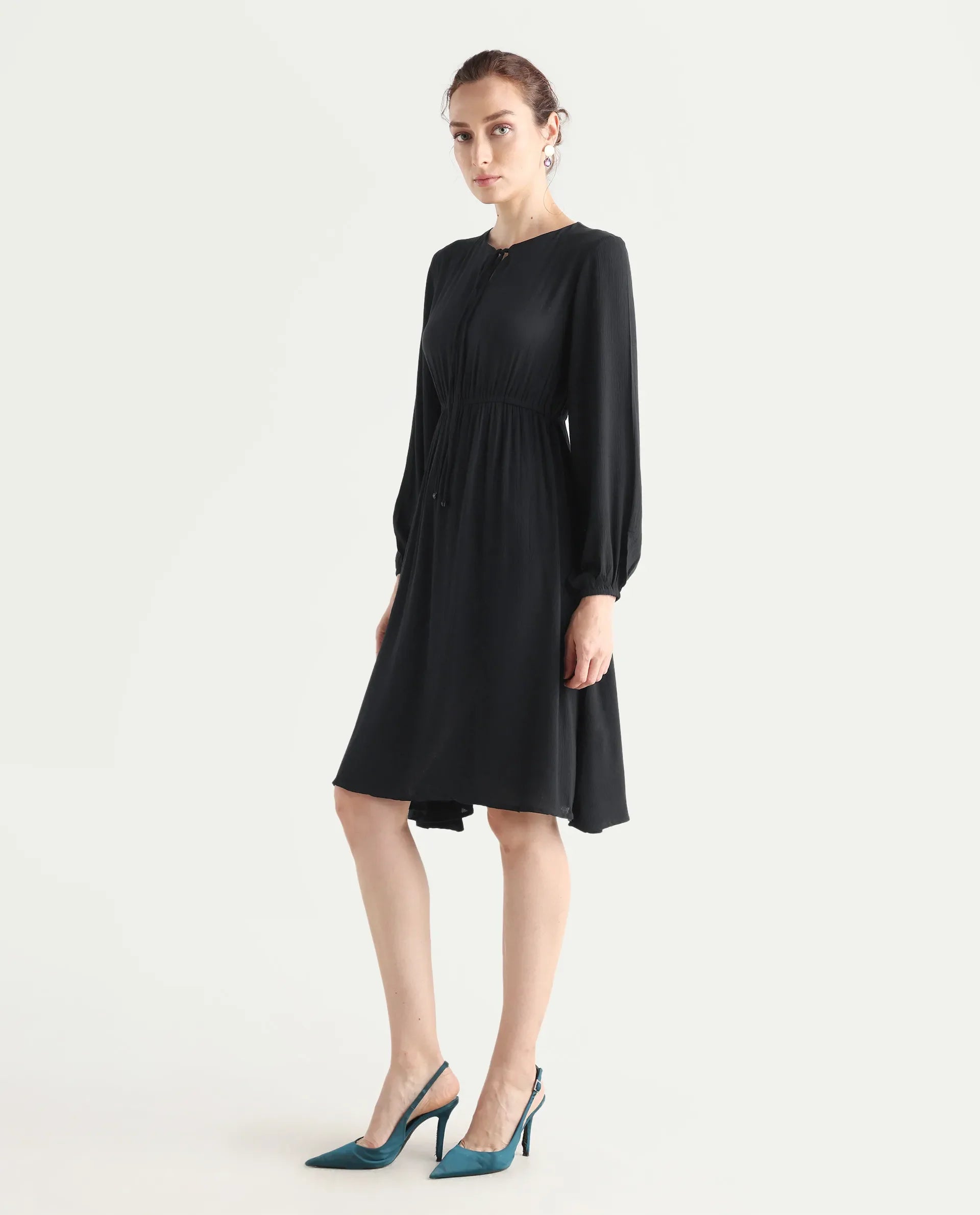 Rareism Women's Janog Black Cotton Tie-Up Neck Plain Bishop Sleeve Knee Length Fit And Flare Dress