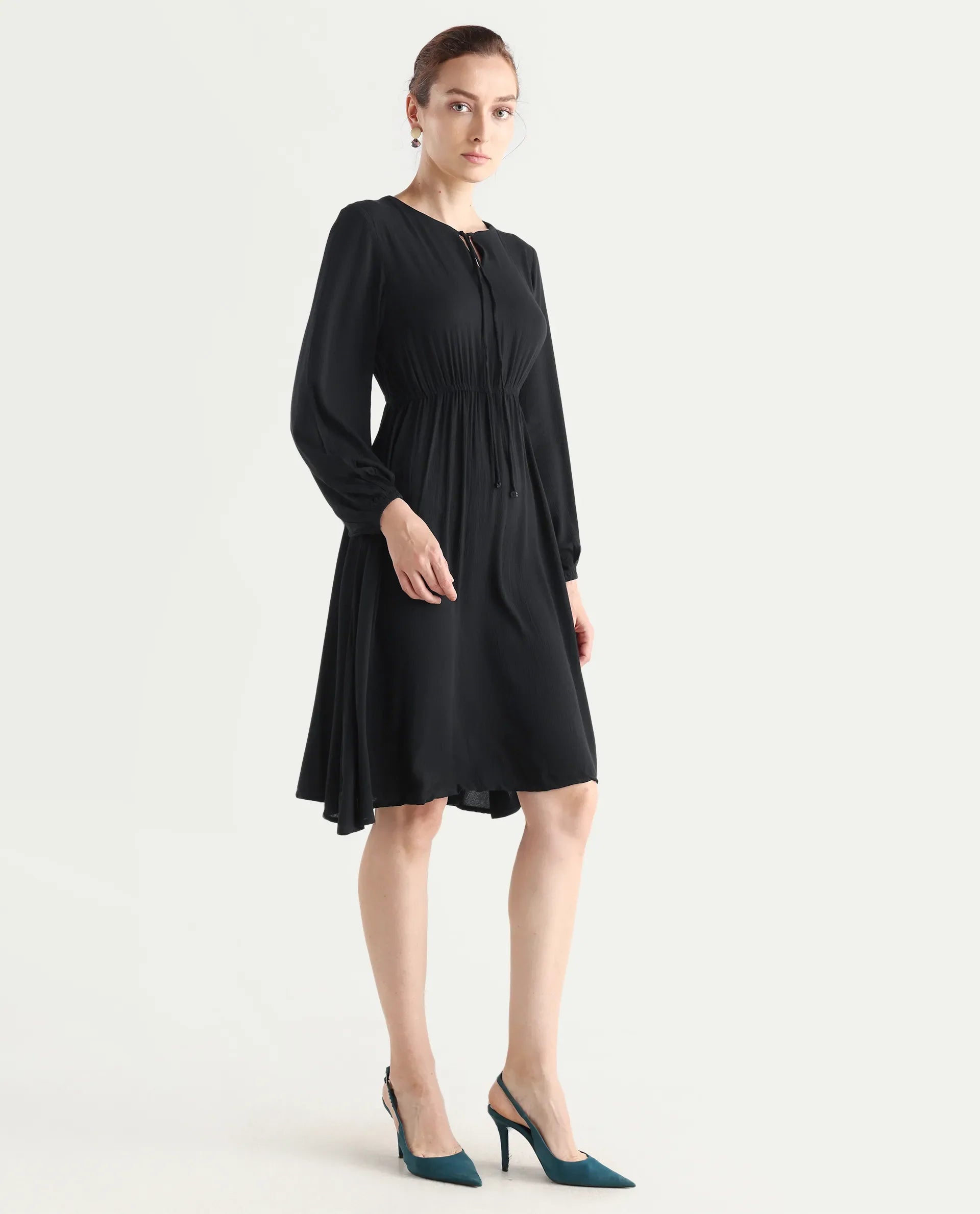 Rareism Women's Janog Black Cotton Tie-Up Neck Plain Bishop Sleeve Knee Length Fit And Flare Dress