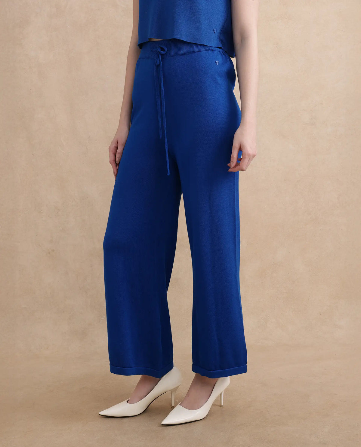 Rareism Women Jankara-B Blue Rayon Nylon Fabric Straight Fit Ankle Length Plain Trouser