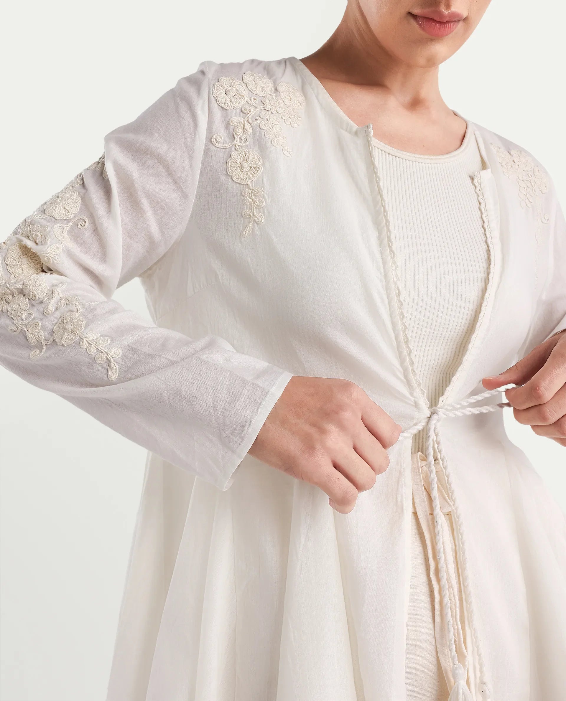 Rareism Women's Janket Off White Viscose Collarless Embroidered Regular Fit Shrug