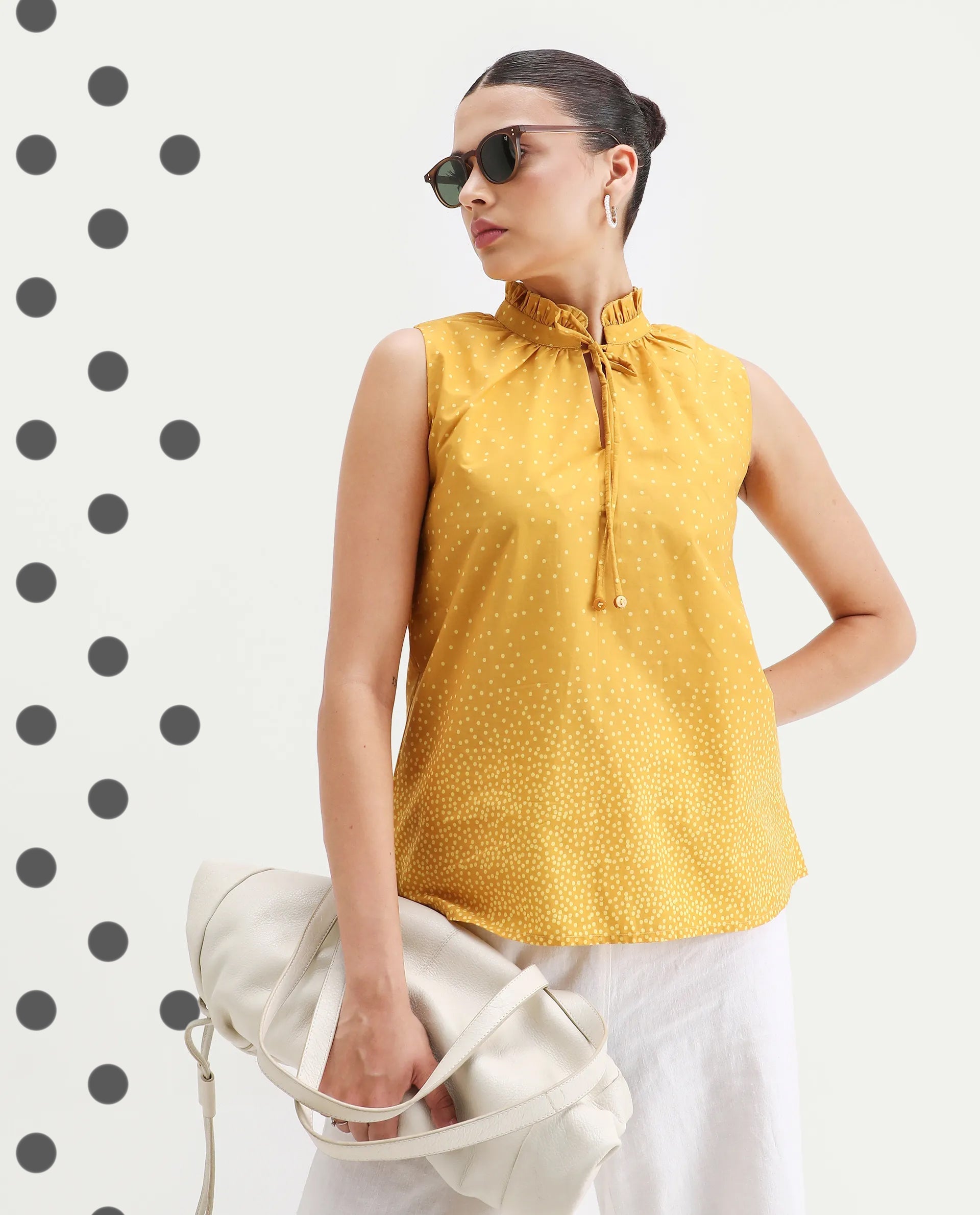 Rareism Women's Janlepo Mustard Cotton Band Collar Polka Print Sleeveless Regular Fit Top