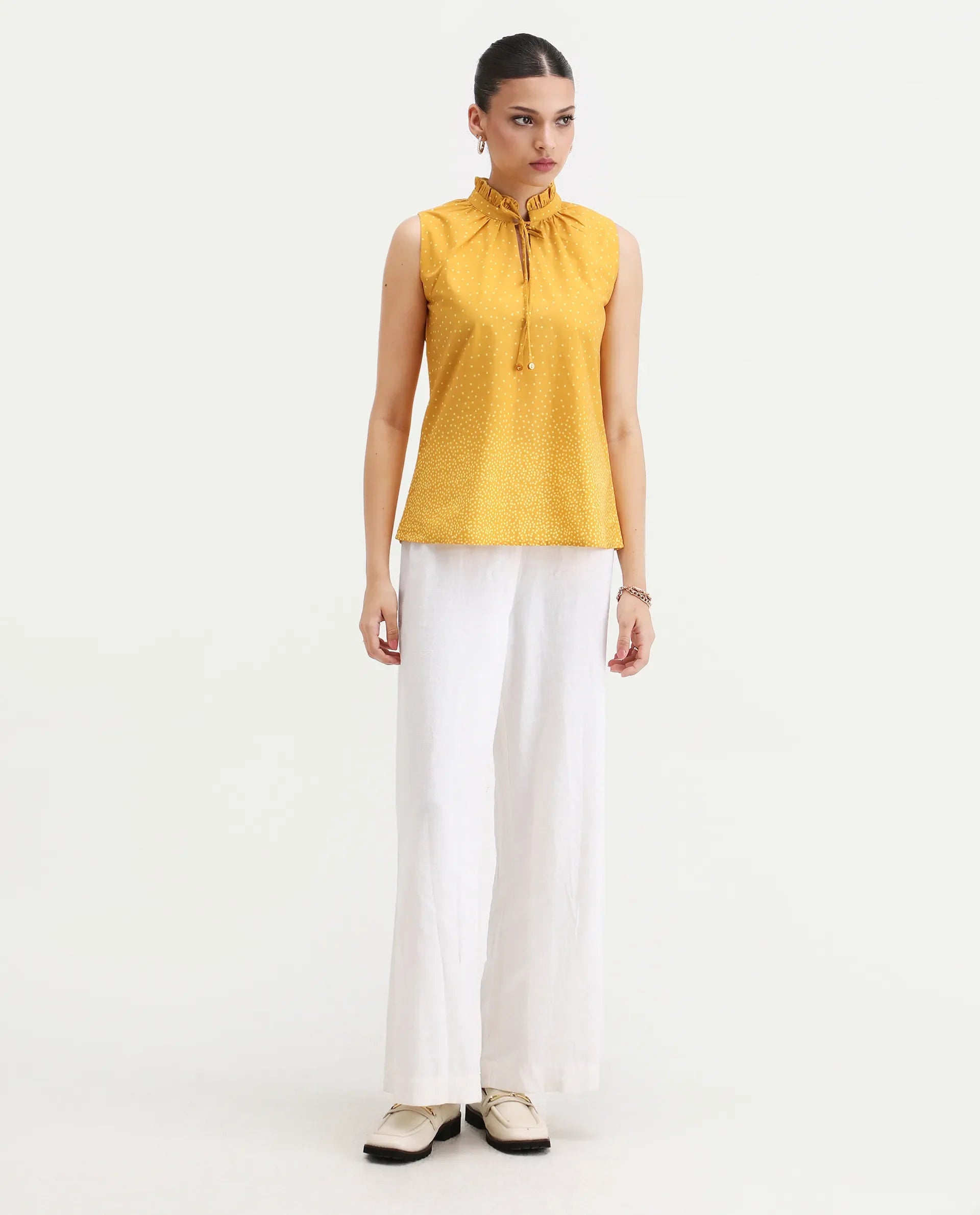 Rareism Women's Janlepo Mustard Cotton Band Collar Polka Print Sleeveless Regular Fit Top