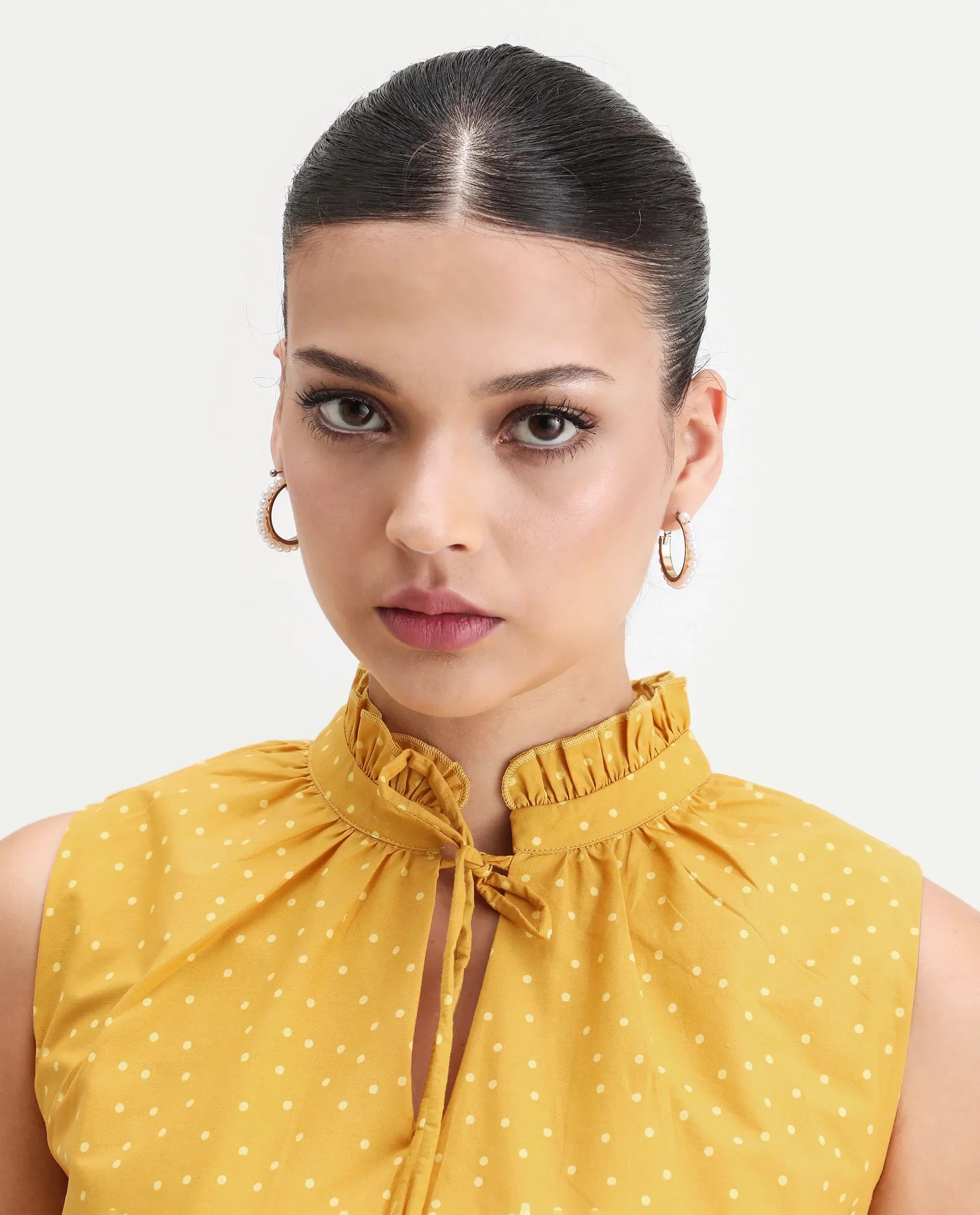 Rareism Women's Janlepo Mustard Cotton Band Collar Polka Print Sleeveless Regular Fit Top