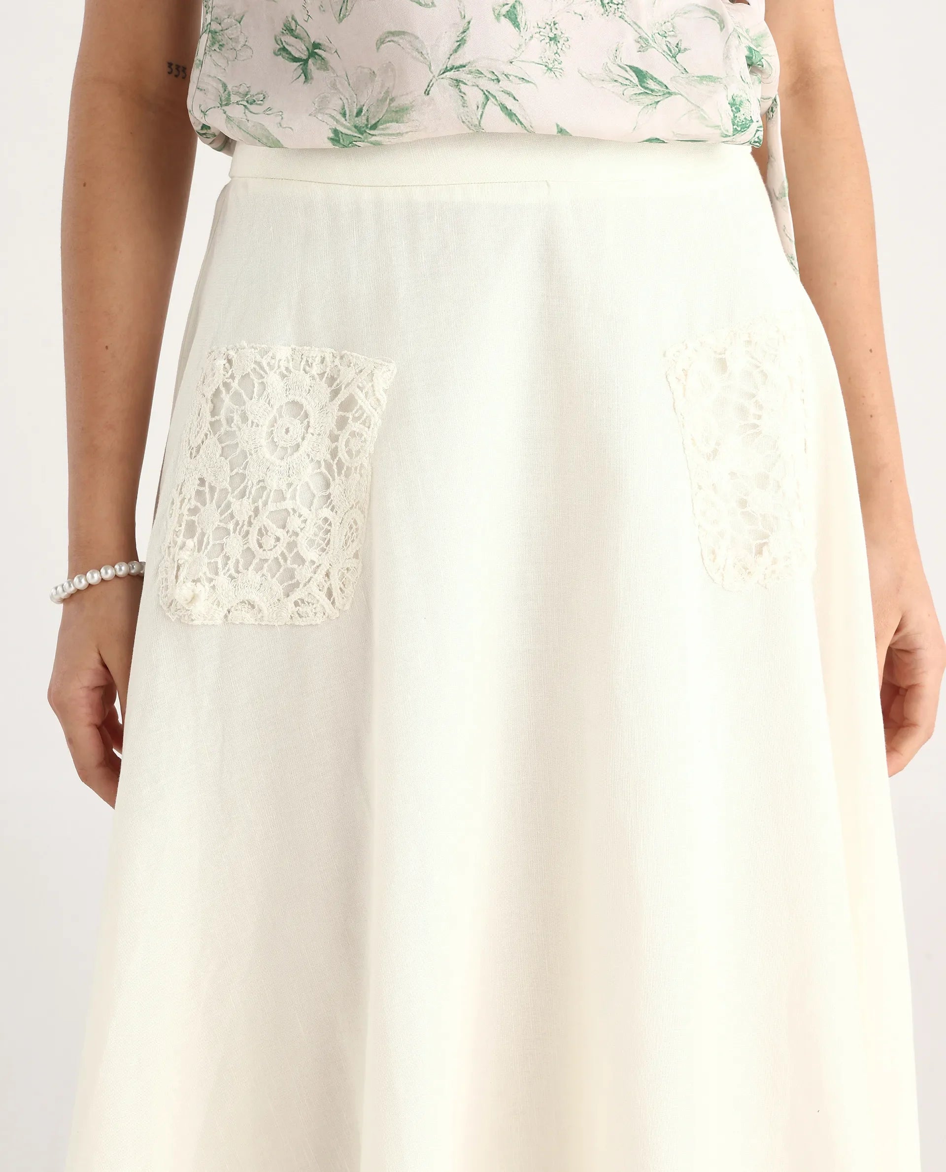 Rareism Women's Janlom B Off White Cotton Blend Plain Ankle Length A-Line Skirt