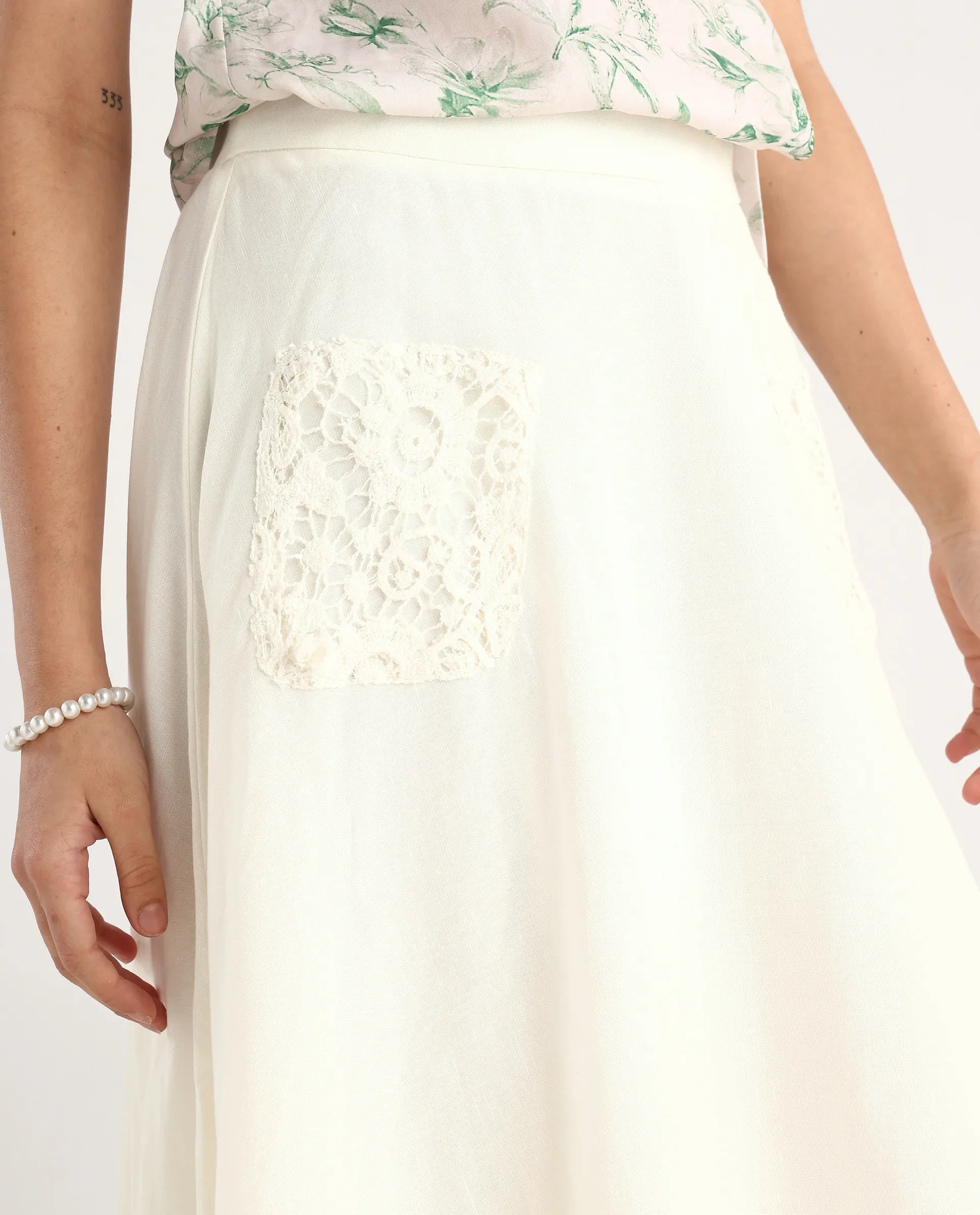 Rareism Women's Janlom B Off White Cotton Blend Plain Ankle Length A-Line Skirt