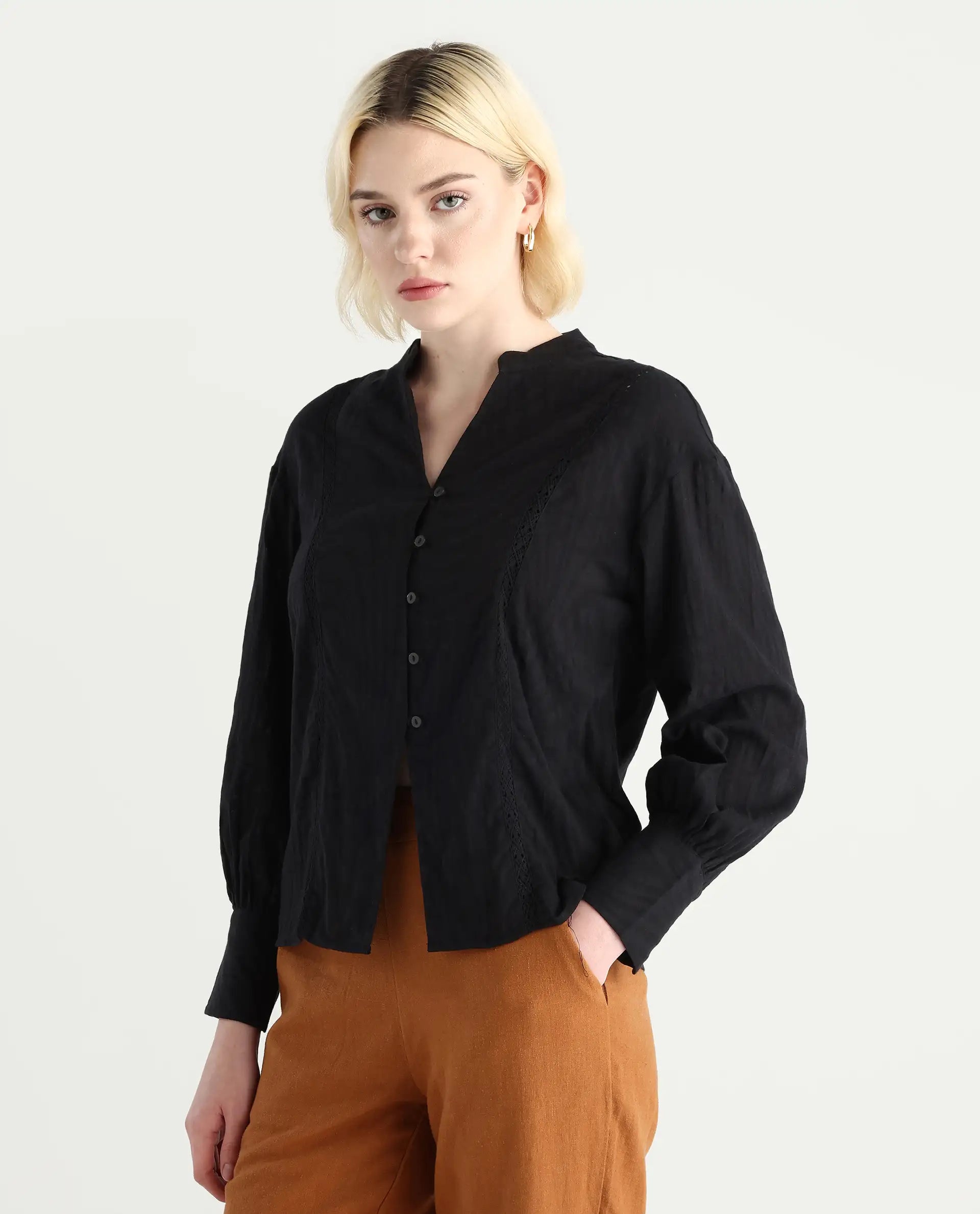 Rareism Women's Janmax Black Cotton Mandarin Collar Plain Cuffed Sleeve Regular Fit Top
