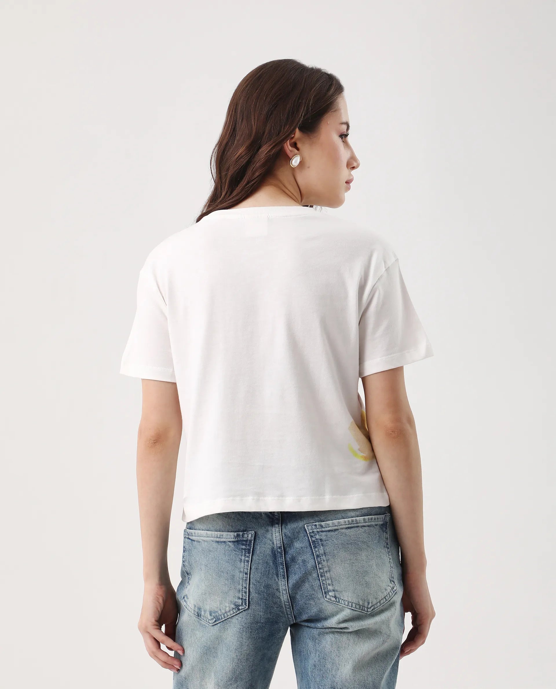 Rareism Women's Janol Off White Cotton Round Neck Floral Print Crop Regular Fit T-Shirt