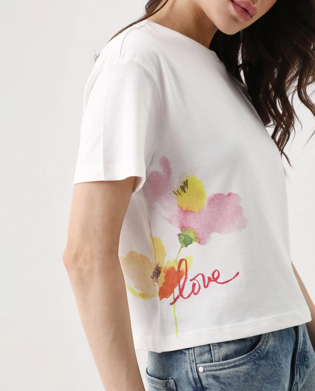 Rareism Women's Janol Off White Cotton Round Neck Floral Print Crop Regular Fit T-Shirt