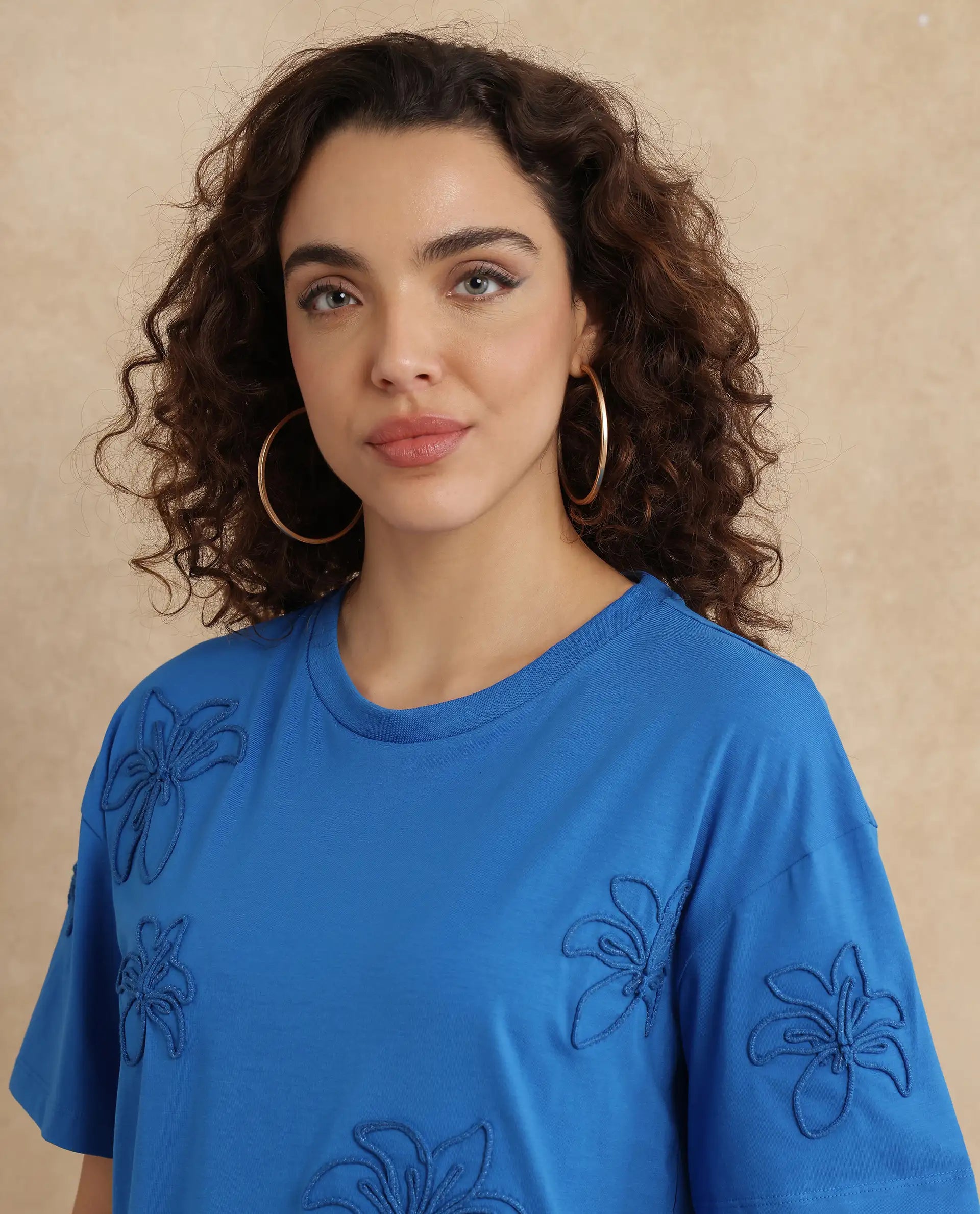 Rareism Women's Janox Blue Cotton Blend Round Neck Embroidered Relaxed Fit T-Shirt