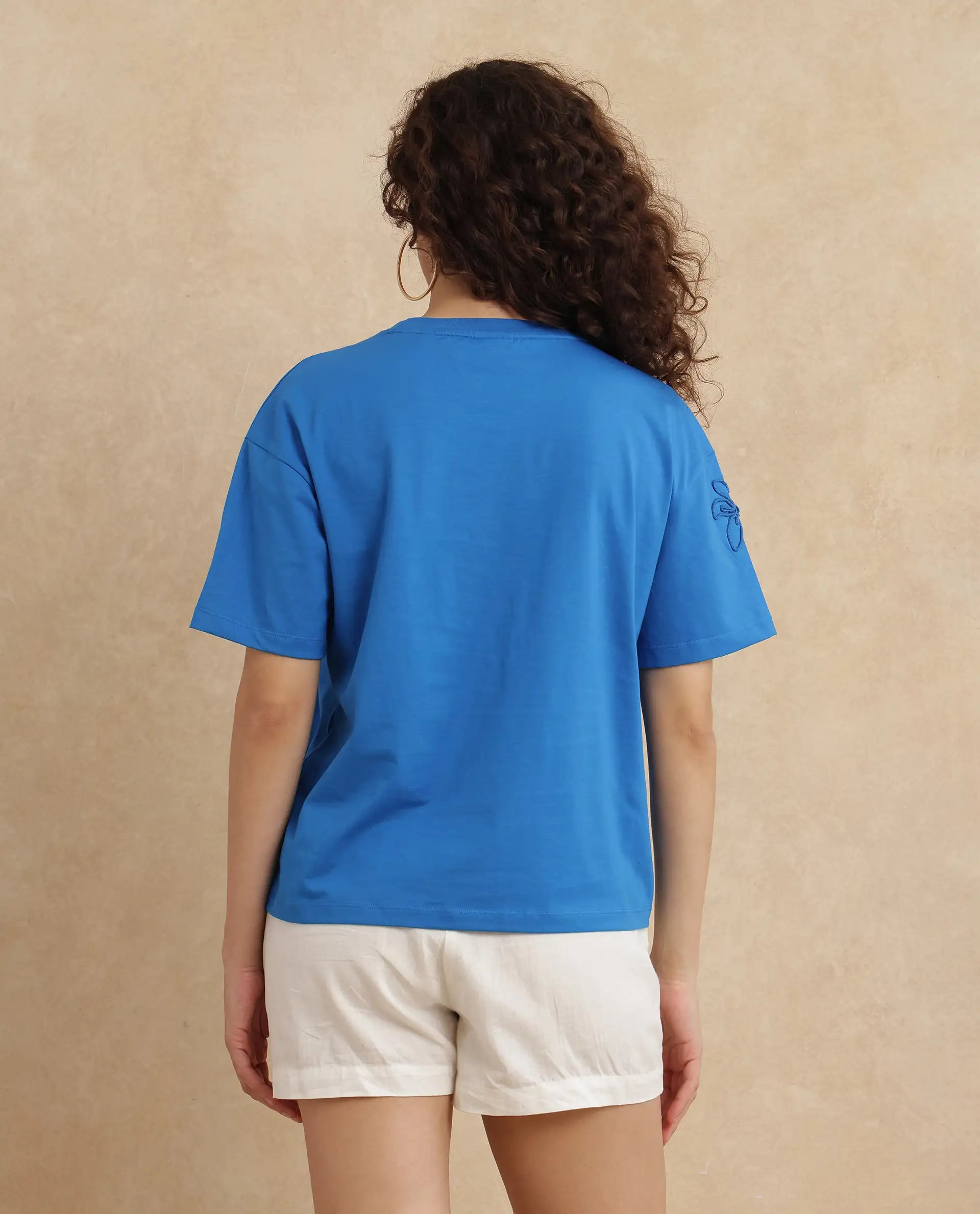 Rareism Women Janox Blue Rayon Nylon Fabric Regular Sleeve Collared Neck Relaxed Fit Printed T-Shirt