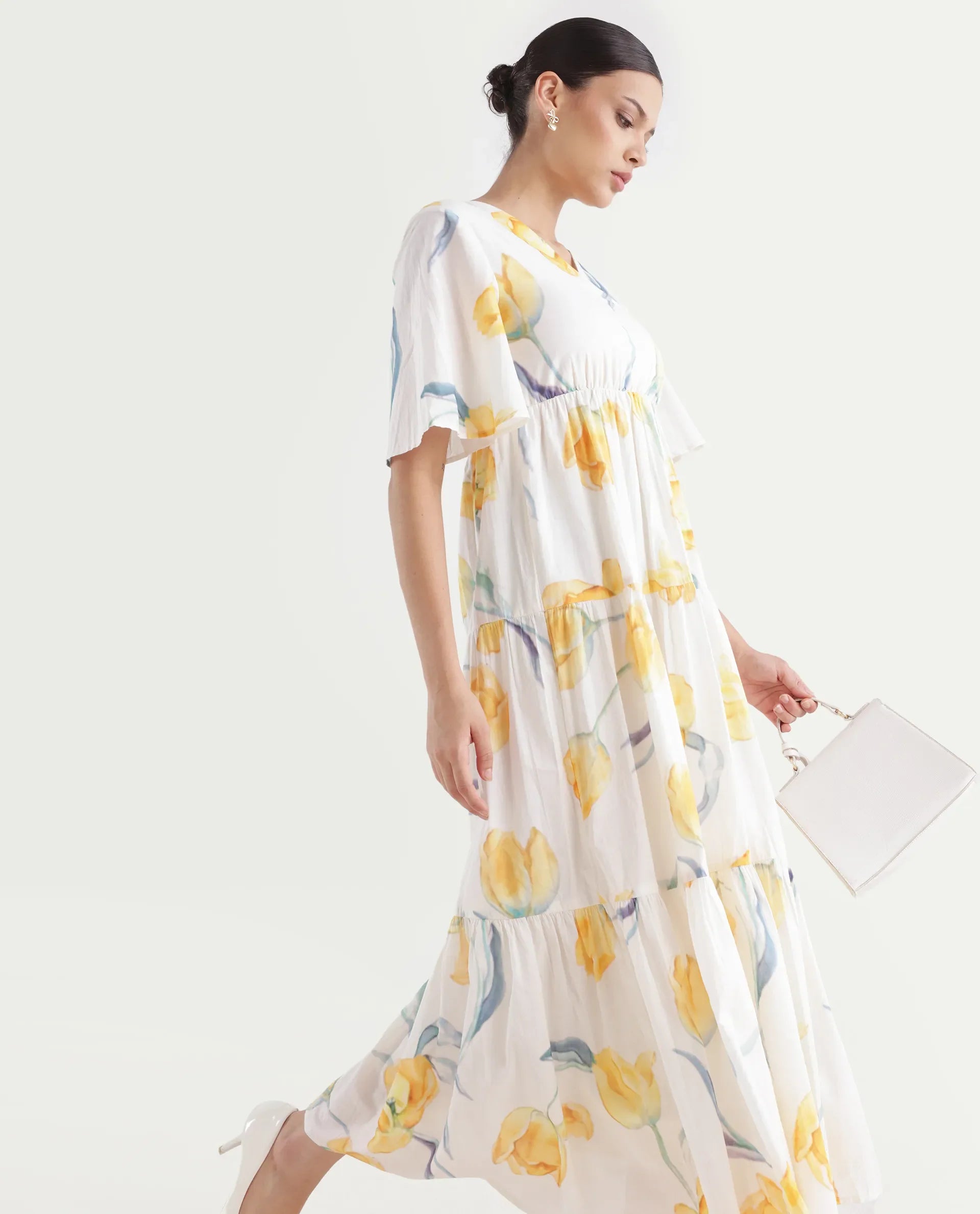 Rareism Women's Janpa Off White Cotton Overlap Neck Floral Print Ruffled Sleeve Maxi Fit And Flare Dress