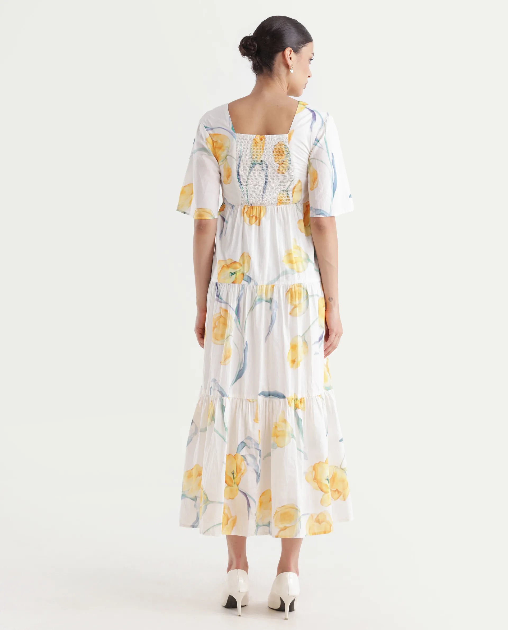 Rareism Women's Janpa Off White Cotton Overlap Neck Floral Print Ruffled Sleeve Maxi Fit And Flare Dress