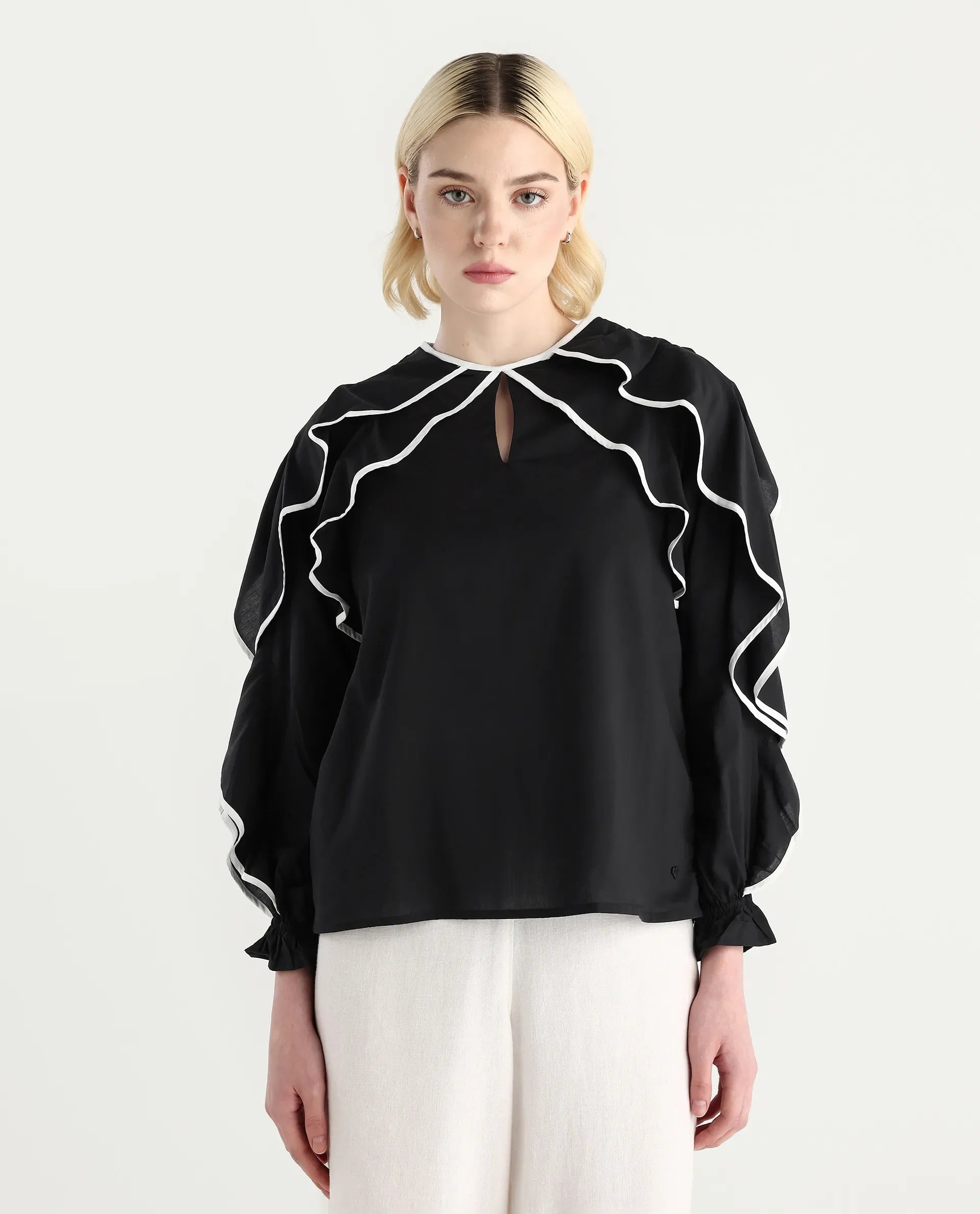 Rareism Women's Janpara Black Modal Round Neck Printed Raglan Sleeve Regular Fit Top