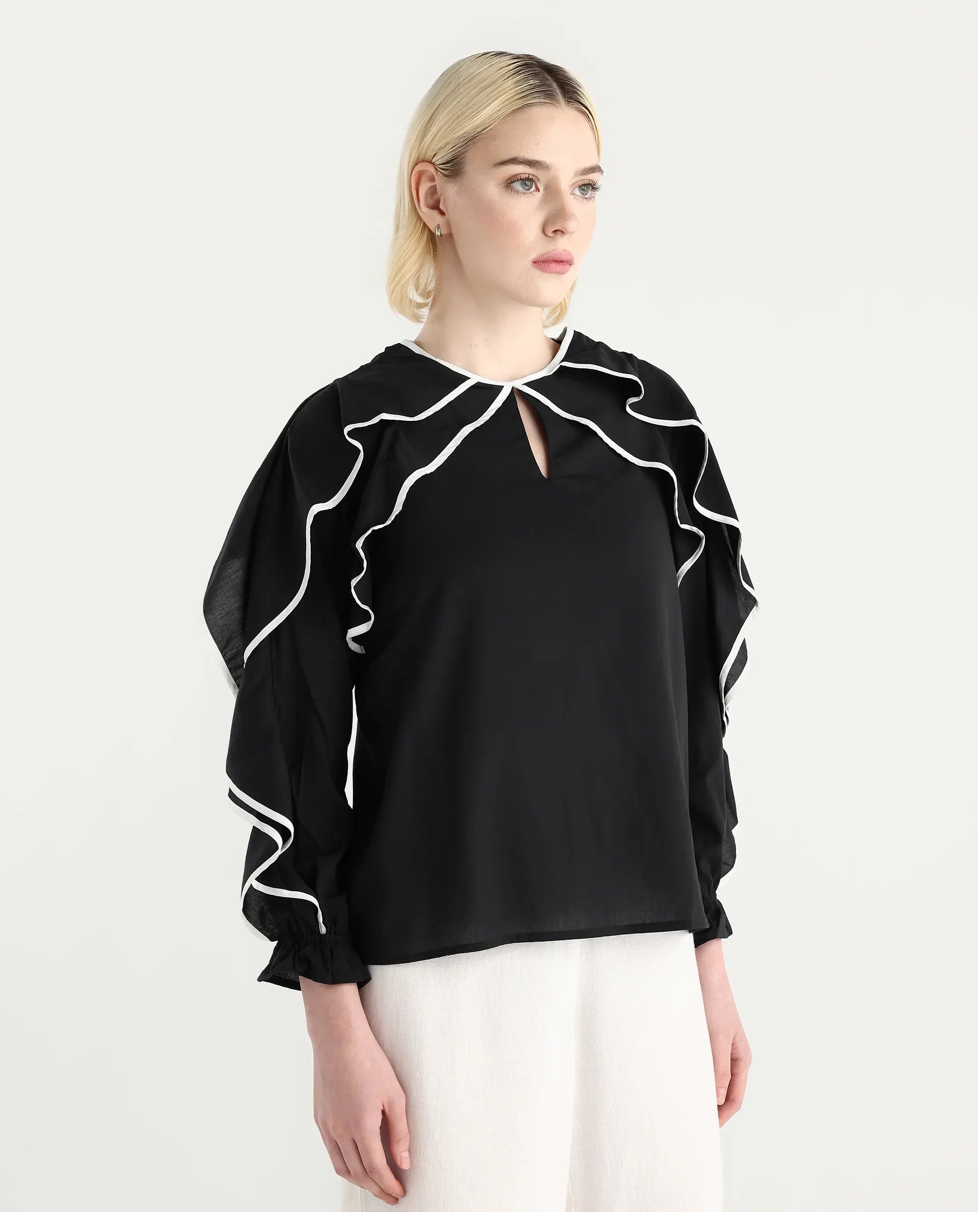 Rareism Women's Janpara Black Modal Round Neck Printed Raglan Sleeve Regular Fit Top