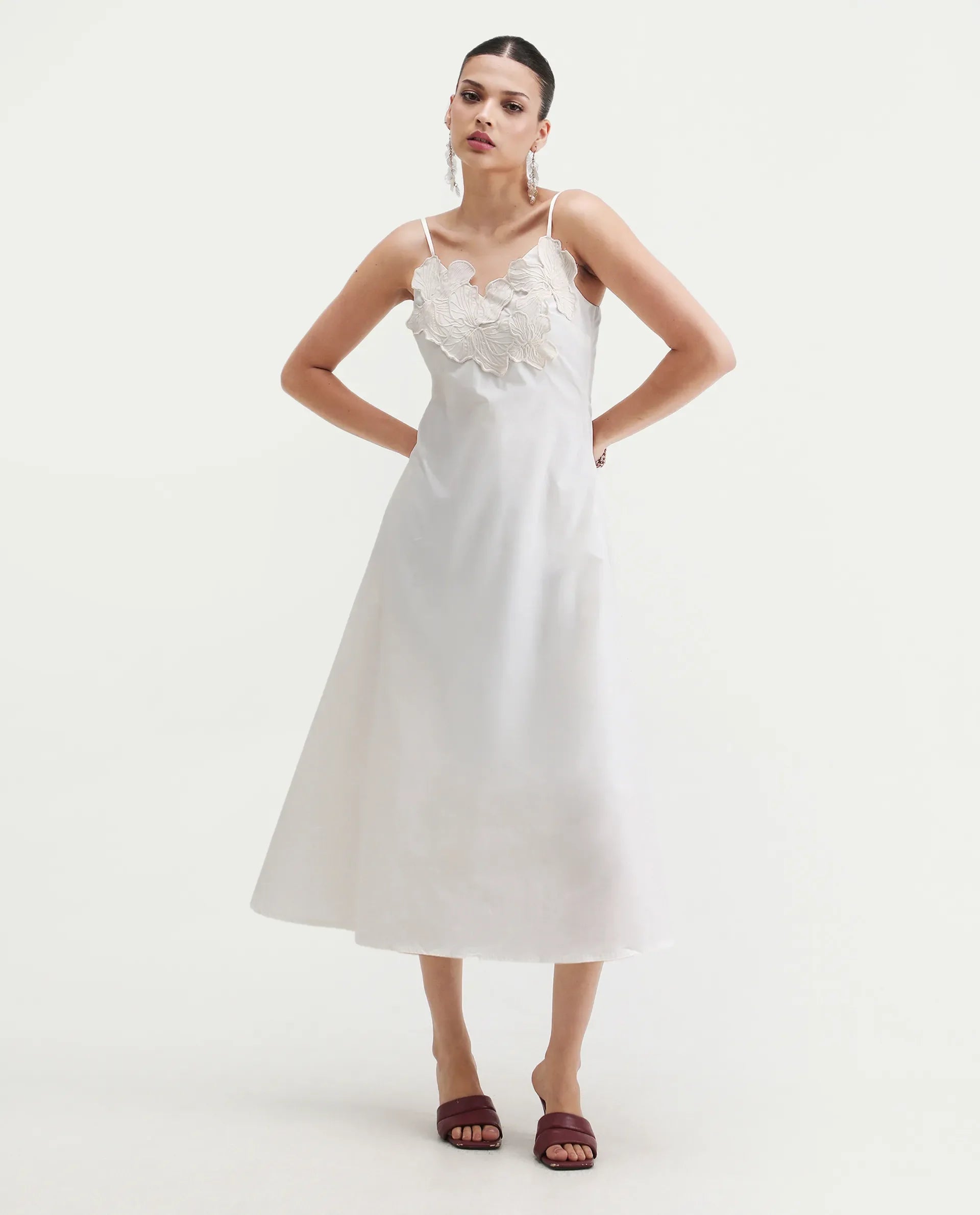 Rareism Women's Janpola White Cotton Shoulder Strap Embroidered Midi Flared Dress