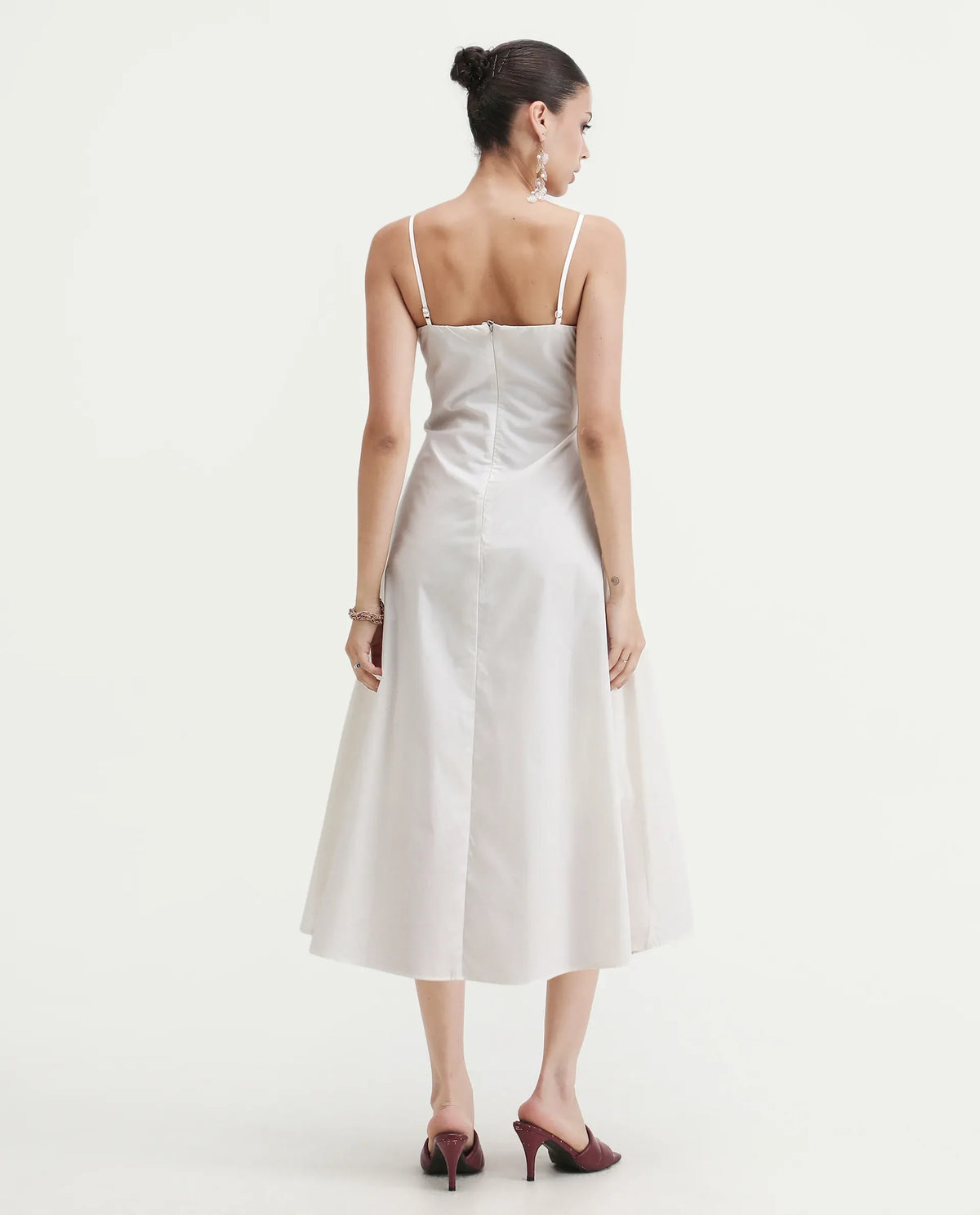 Rareism Women's Janpola White Cotton Shoulder Strap Embroidered Midi Flared Dress