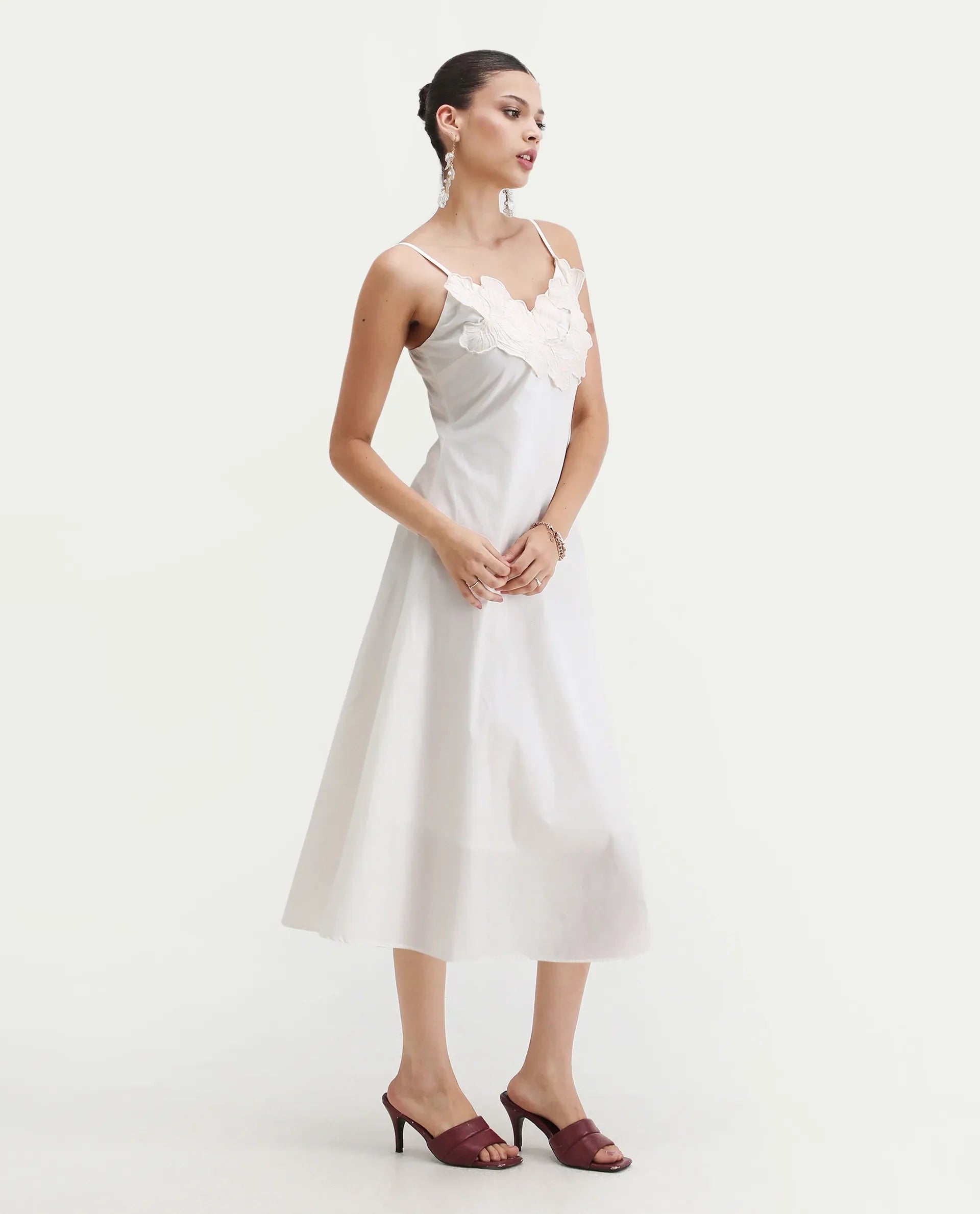 Rareism Women's Janpola White Cotton Shoulder Strap Embroidered Midi Flared Dress