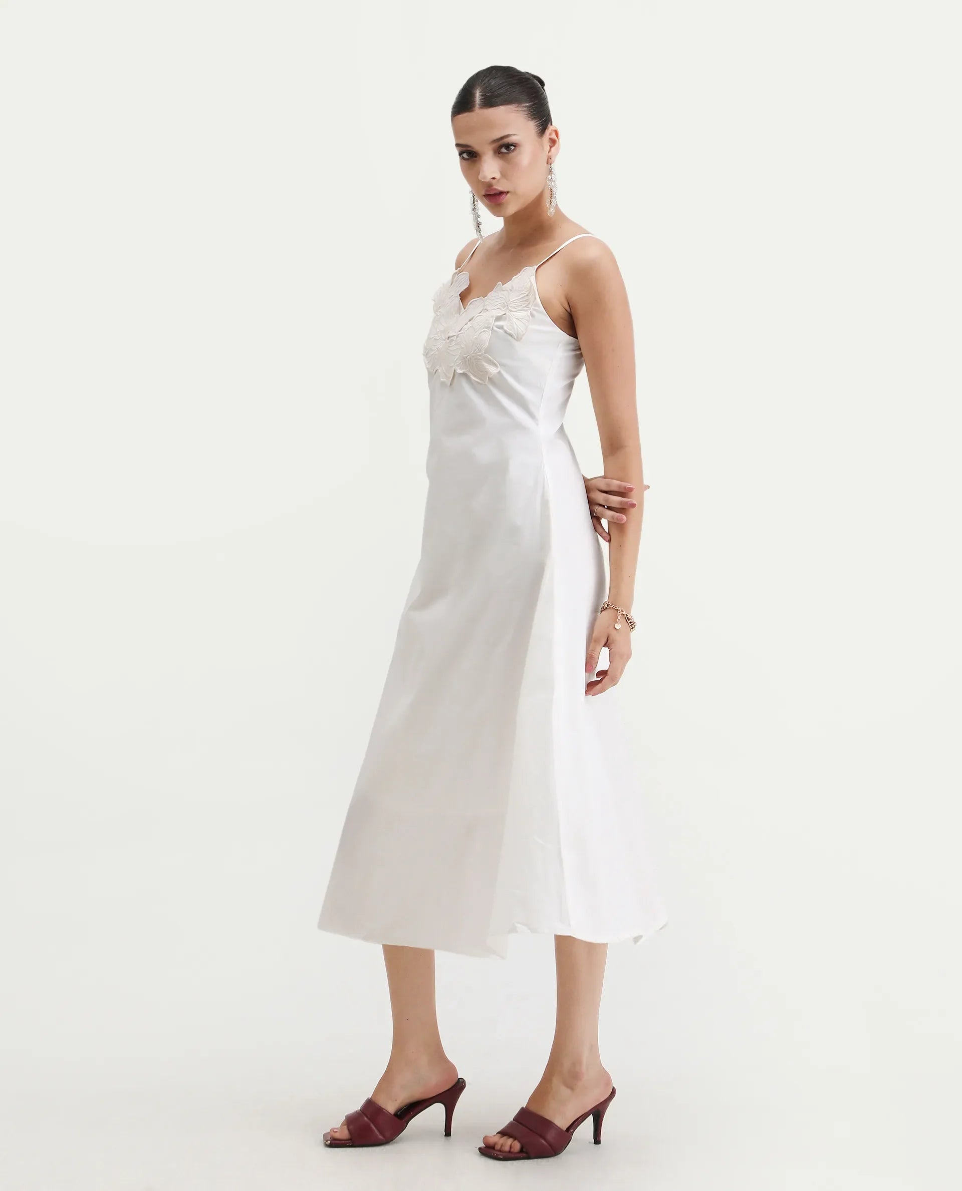 Rareism Women's Janpola White Cotton Shoulder Strap Embroidered Midi Flared Dress