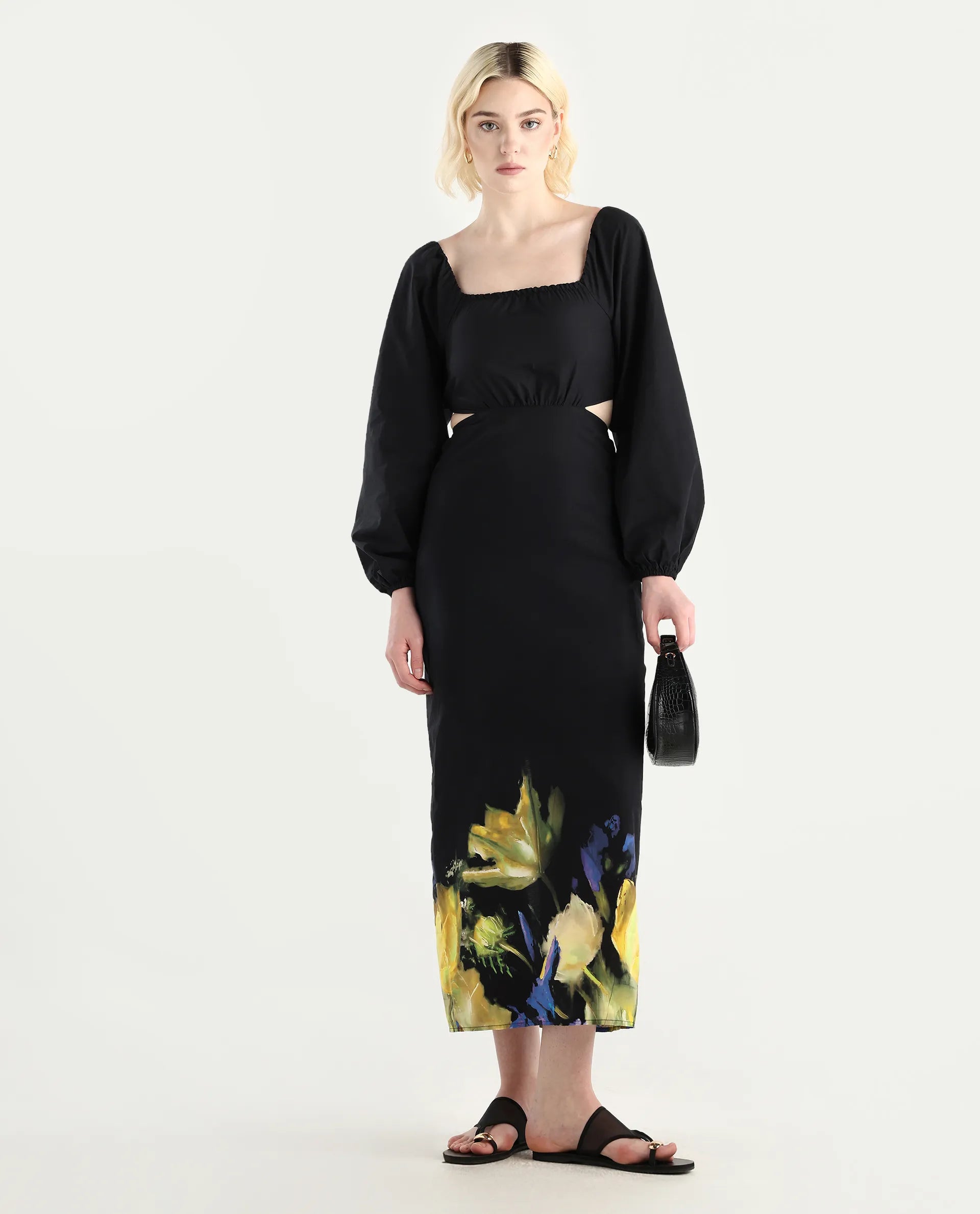 Rareism Women's Janqurt Black Cotton Square Neck Floral Print Bishop Sleeve Maxi Fitted Dress