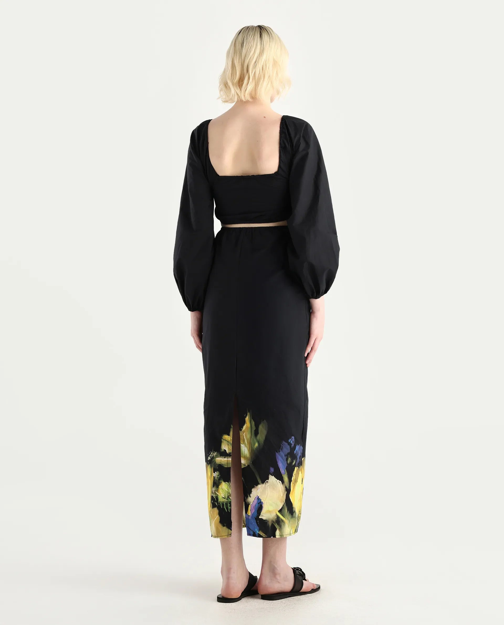 Rareism Women's Janqurt Black Cotton Square Neck Floral Print Bishop Sleeve Maxi Fitted Dress