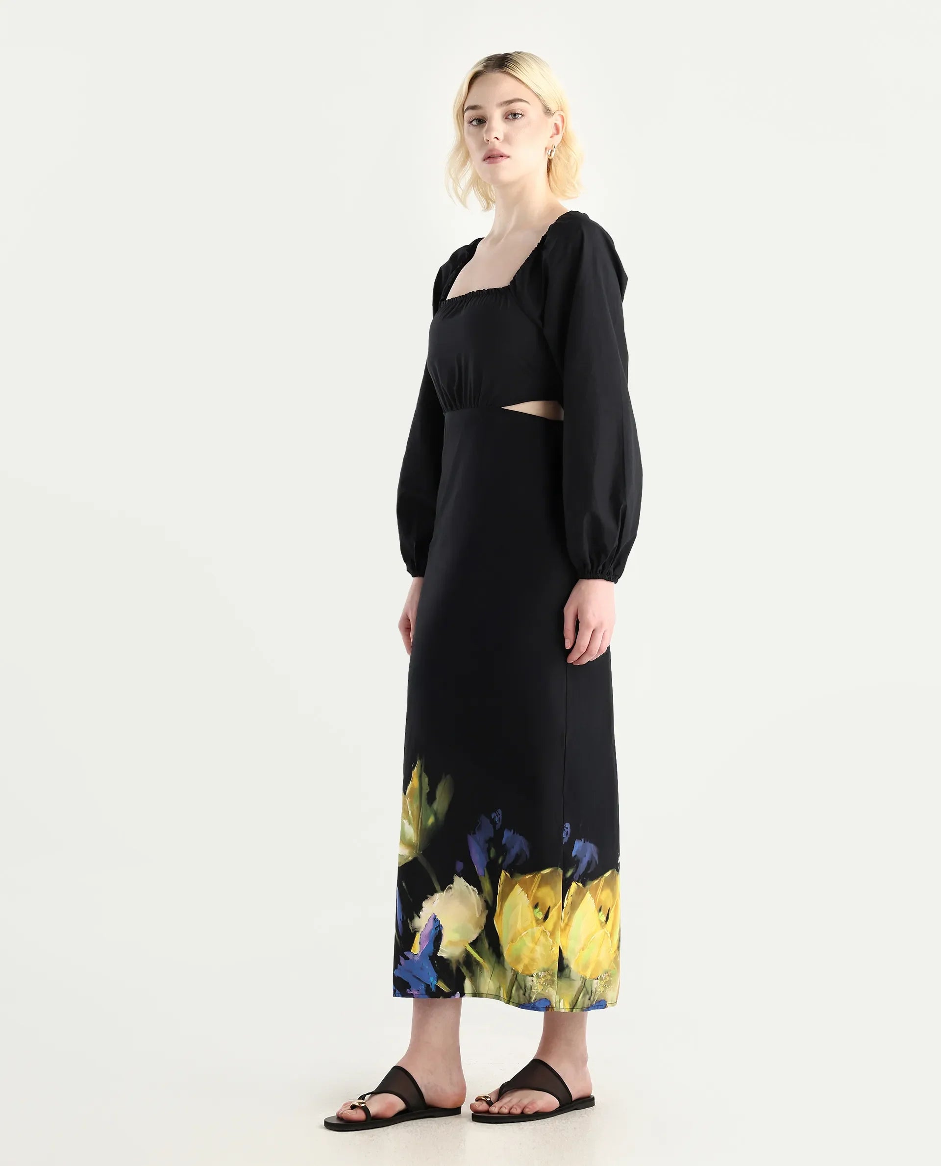 Rareism Women's Janqurt Black Cotton Square Neck Floral Print Bishop Sleeve Maxi Fitted Dress