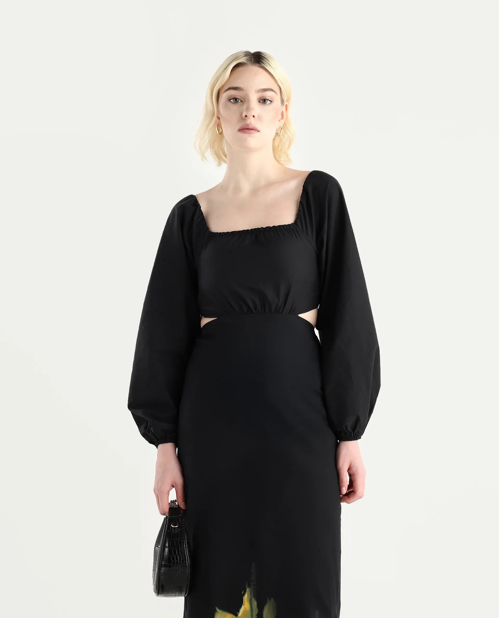 Rareism Women's Janqurt Black Cotton Square Neck Floral Print Bishop Sleeve Maxi Fitted Dress