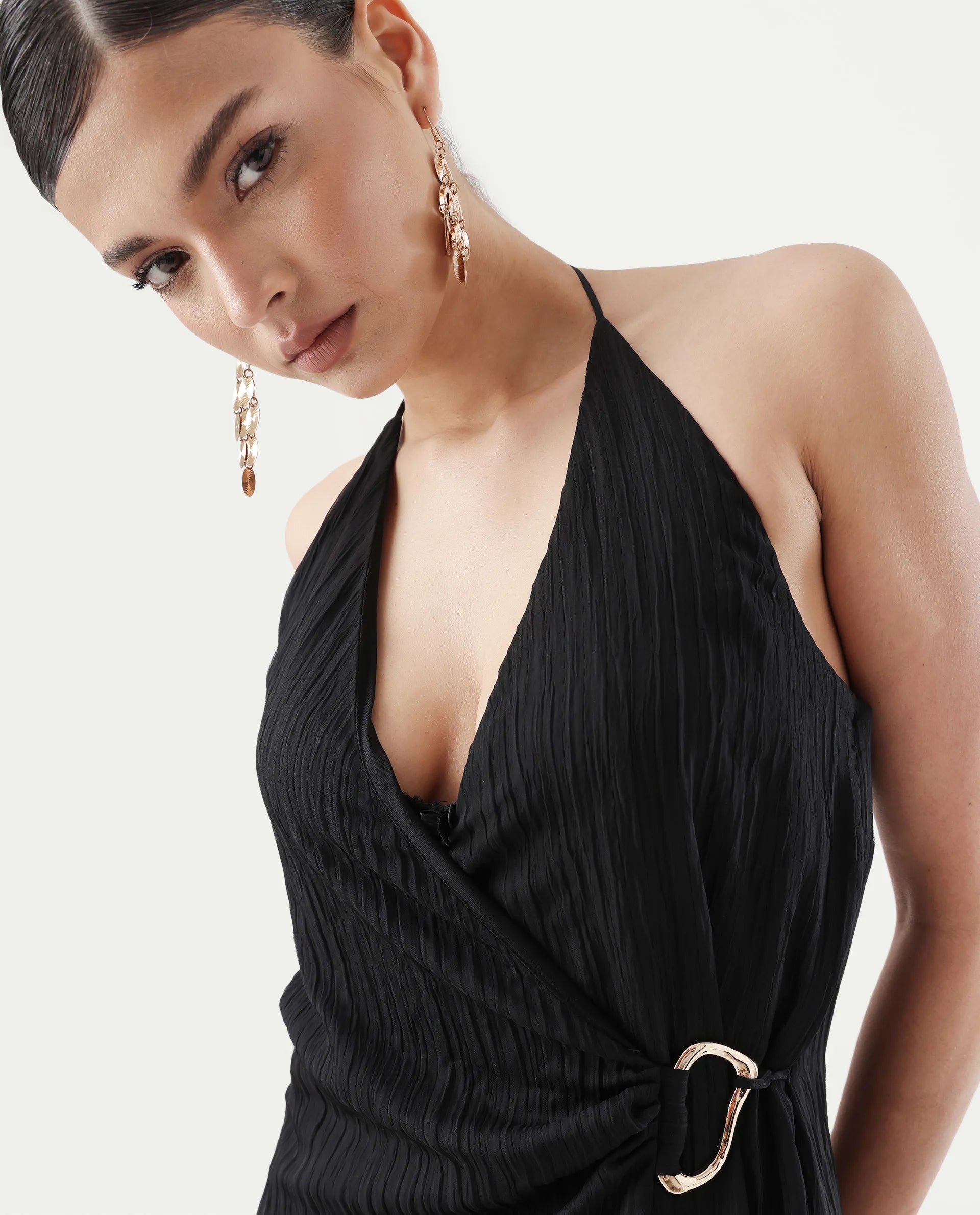 Rareism Women's Janram Black Polyester Tie-Up Neck Plain Sleeveless Maxi Wrap Dress