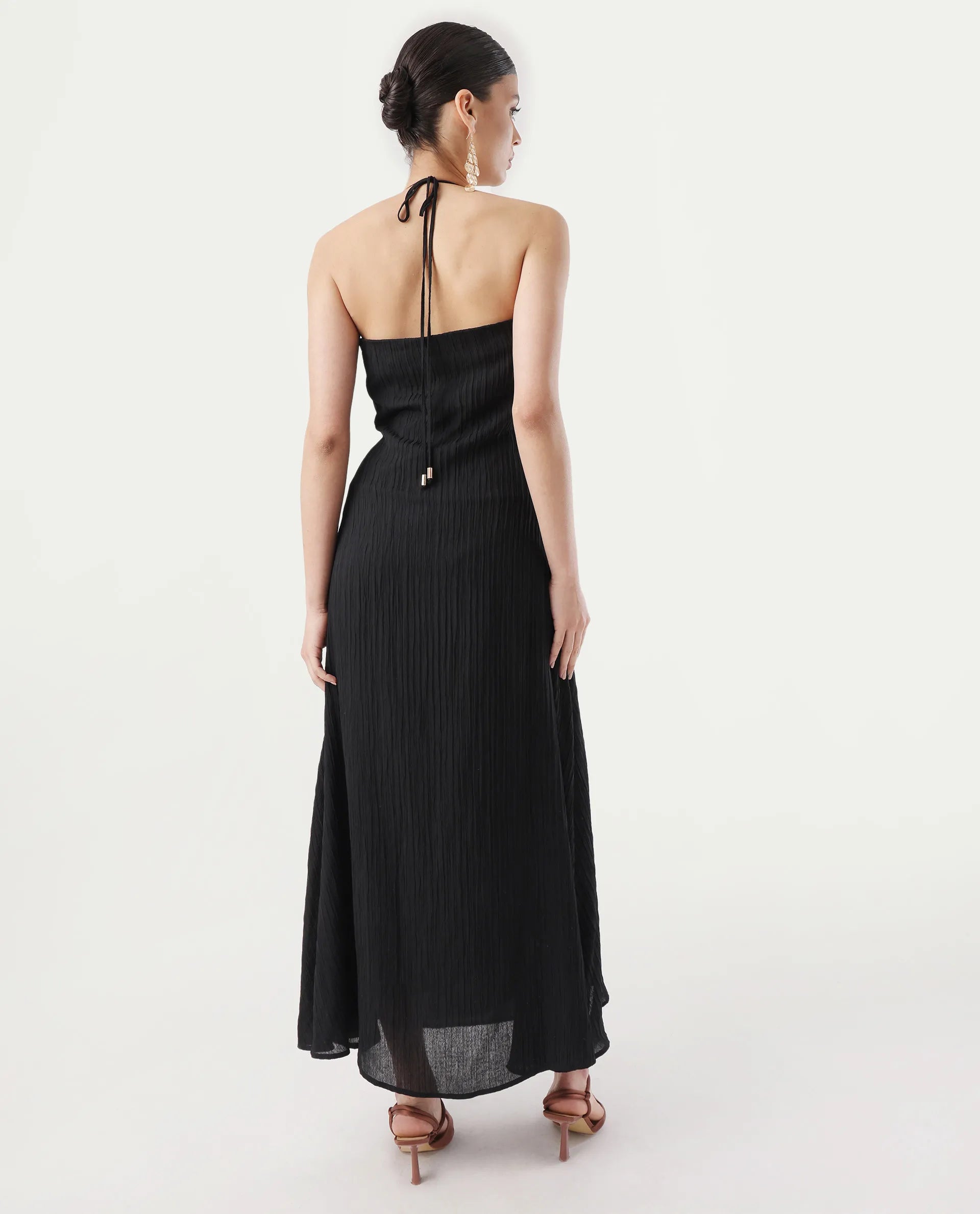 Rareism Women's Janram Black Polyester Tie-Up Neck Plain Sleeveless Maxi Wrap Dress