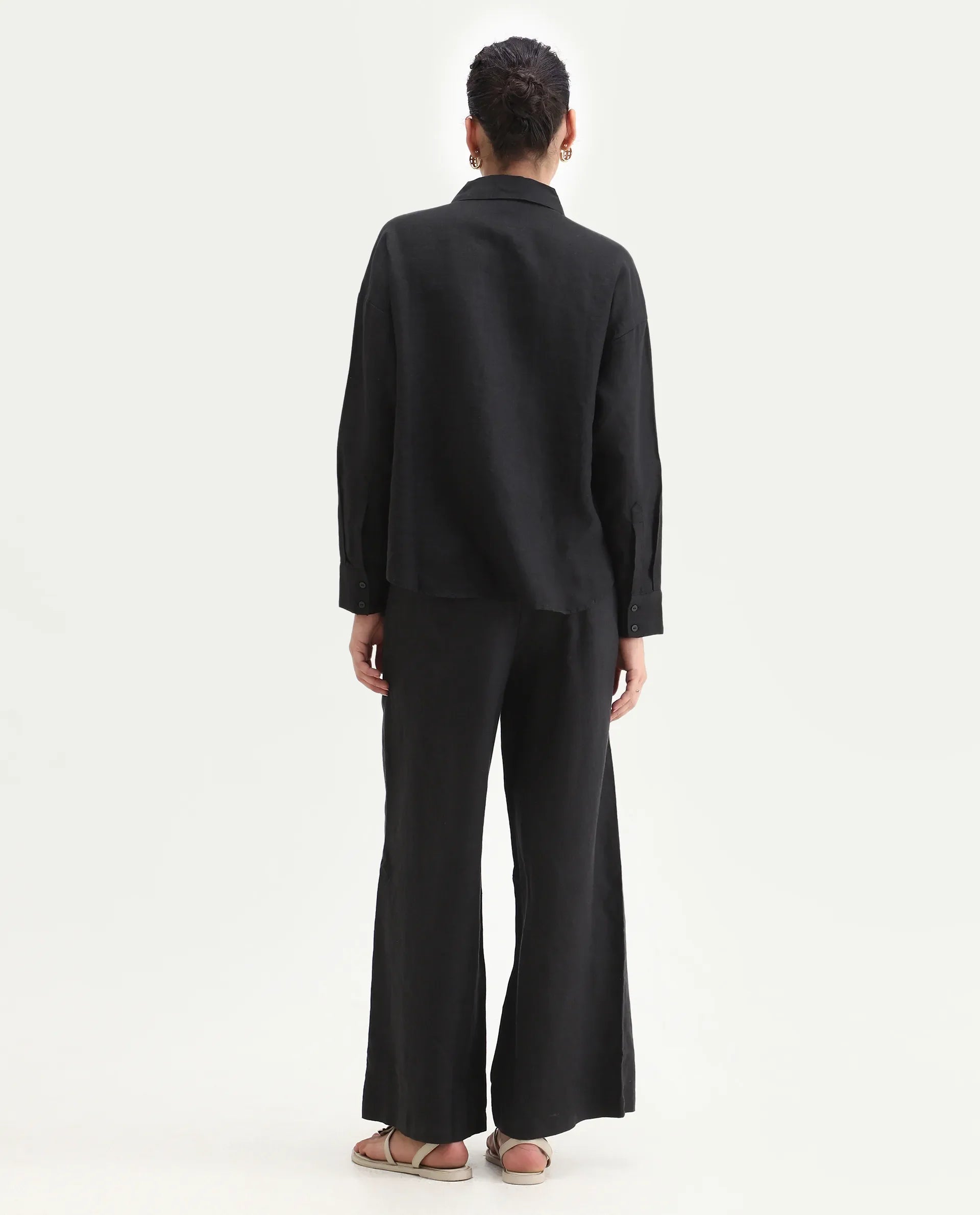 Rareism Women's Janria B Black Linen Plain Ankle Length Wide Trouser