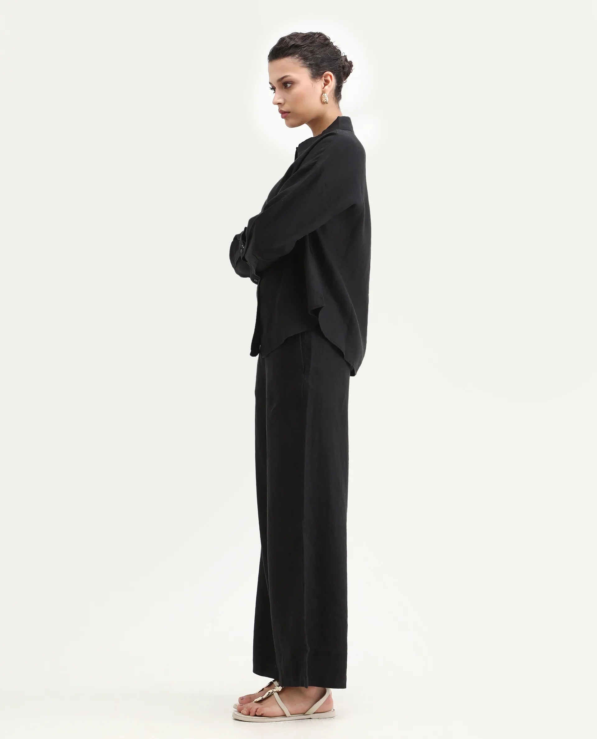 Rareism Women's Janria B Black Linen Plain Ankle Length Wide Trouser