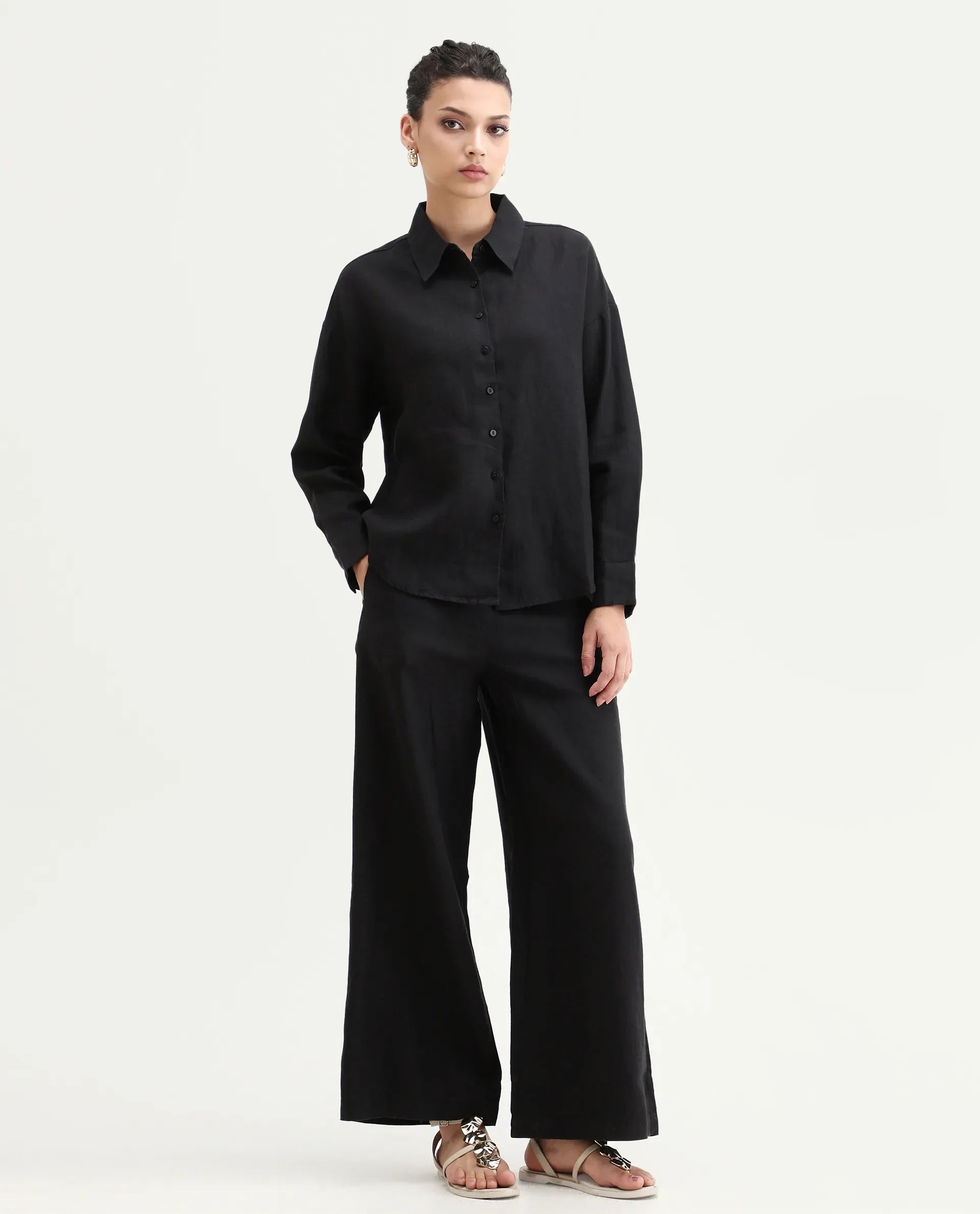 Rareism Women's Janria T Black Linen Spread Collar Plain Cuffed Sleeve Regular Fit Top