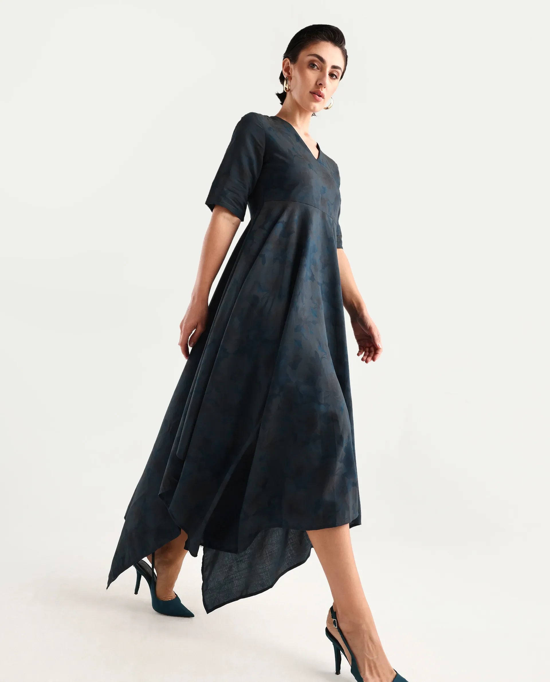 Rareism Women's Janrims Dark Blue Polyester V-Neck Floral Print Bell Sleeve Maxi Fit And Flare Dress