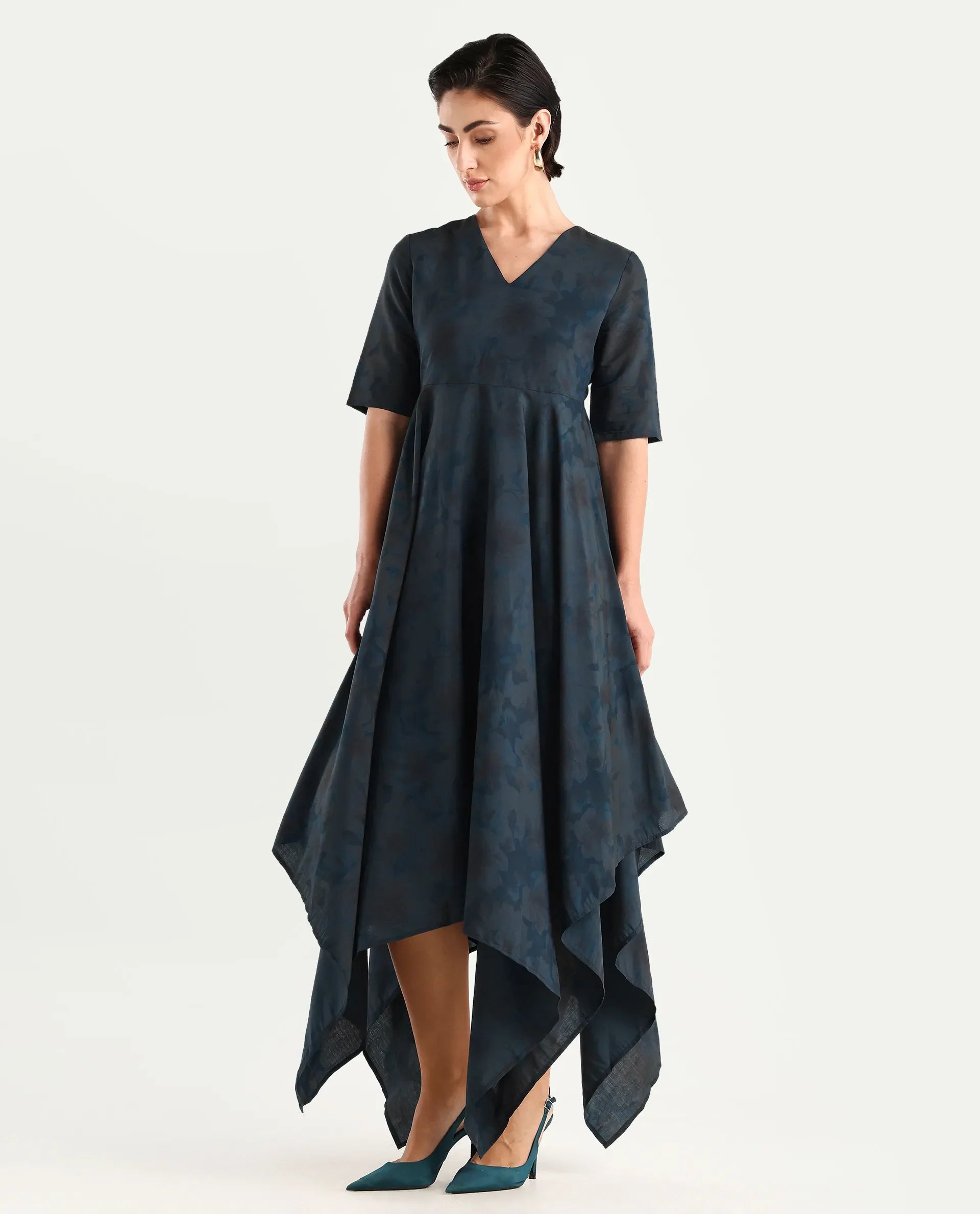 Rareism Women's Janrims Dark Blue Polyester V-Neck Floral Print Bell Sleeve Maxi Fit And Flare Dress