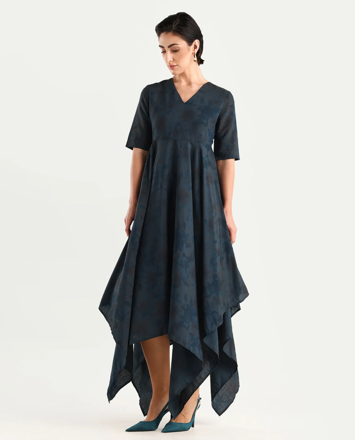 Rareism Women's Janrims Dark Blue Polyester V-Neck Floral Print Bell Sleeve Maxi Fit And Flare Dress