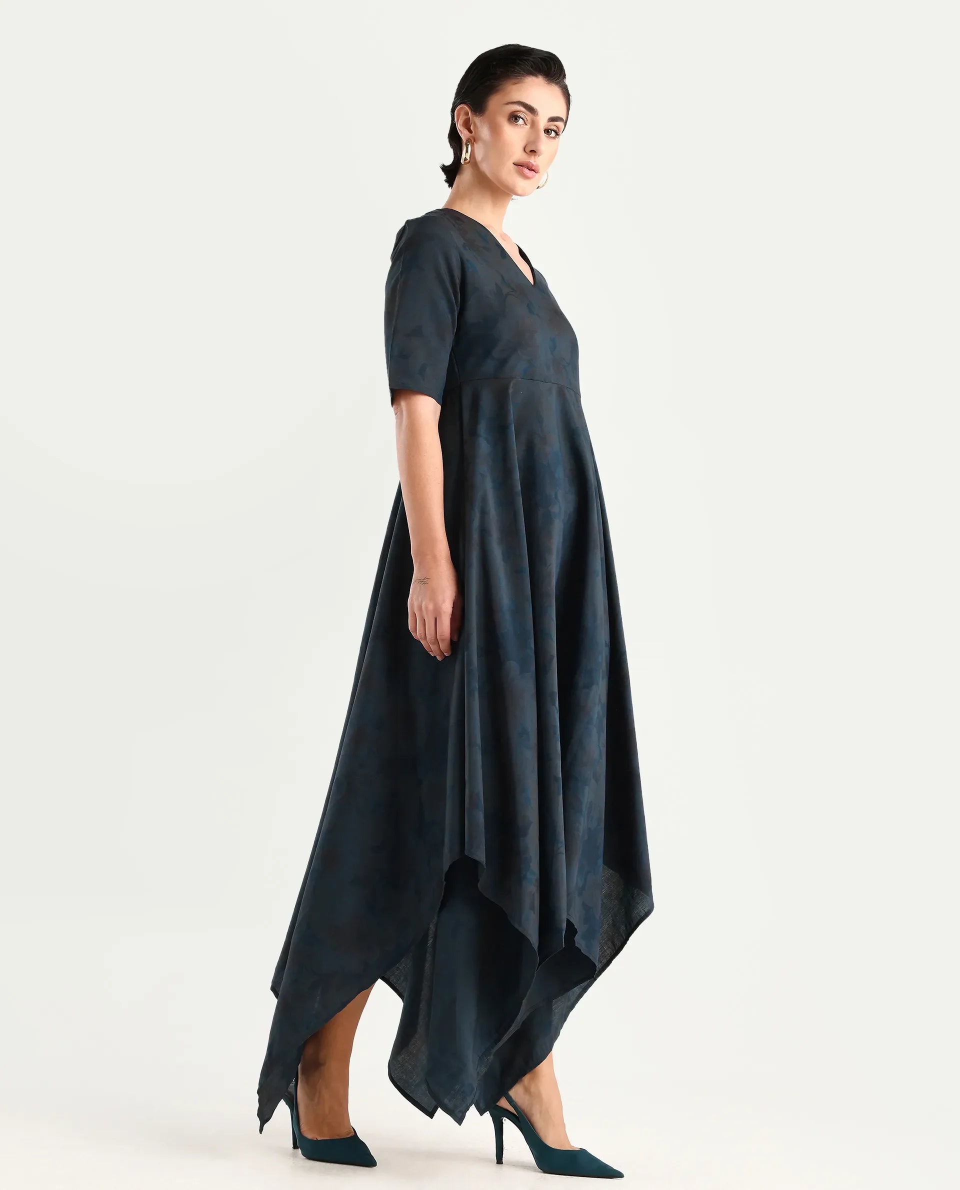 Rareism Women's Janrims Dark Blue Polyester V-Neck Floral Print Bell Sleeve Maxi Fit And Flare Dress