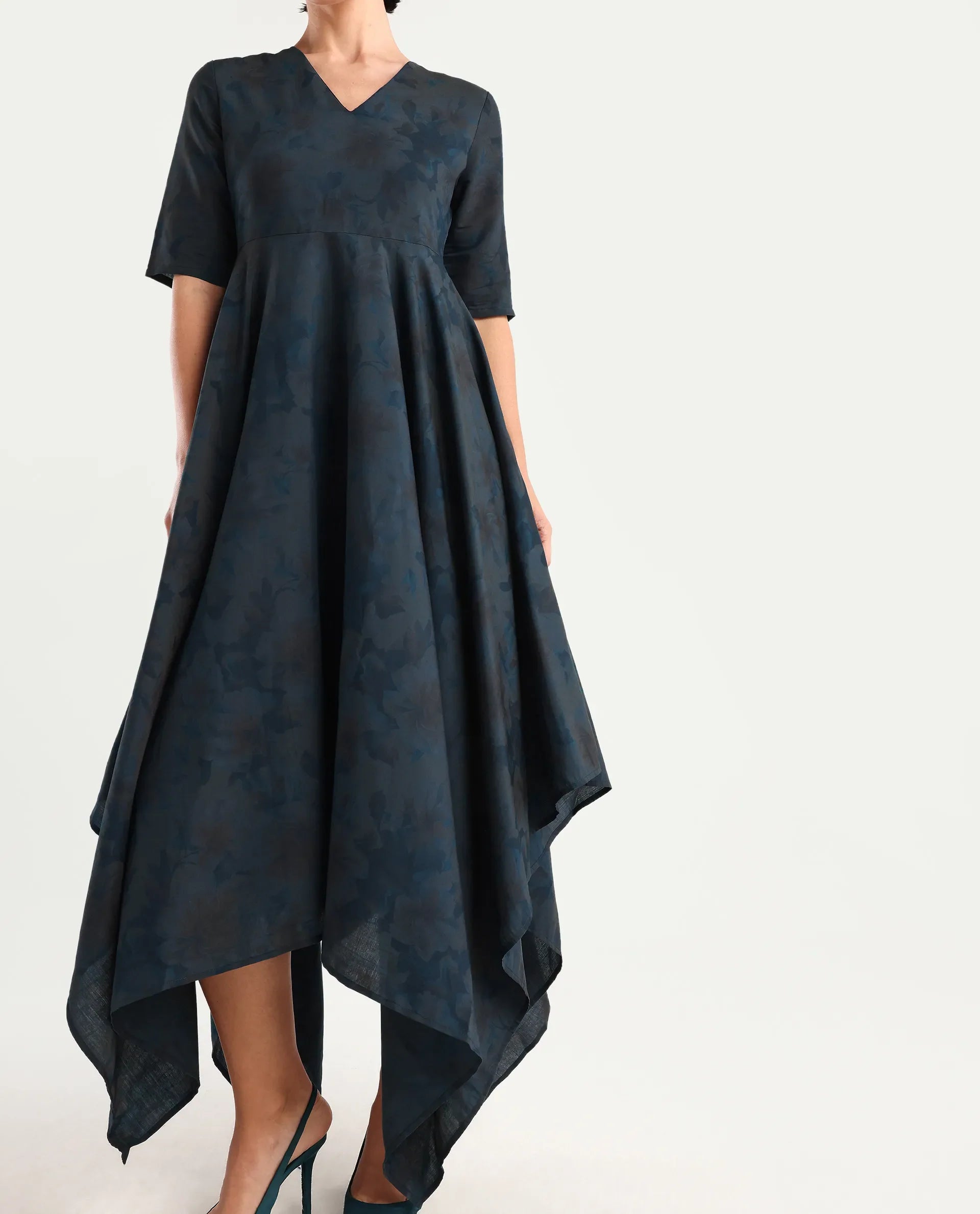 Rareism Women's Janrims Dark Blue Polyester V-Neck Floral Print Bell Sleeve Maxi Fit And Flare Dress