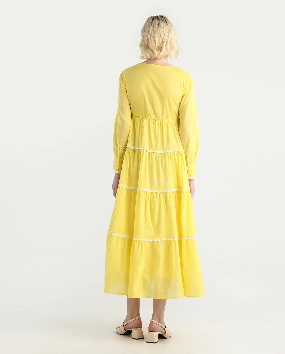 Rareism Women's Janron Mustard Cotton Round Neck Plain Bishop Sleeve Maxi Fit And Flare Dress