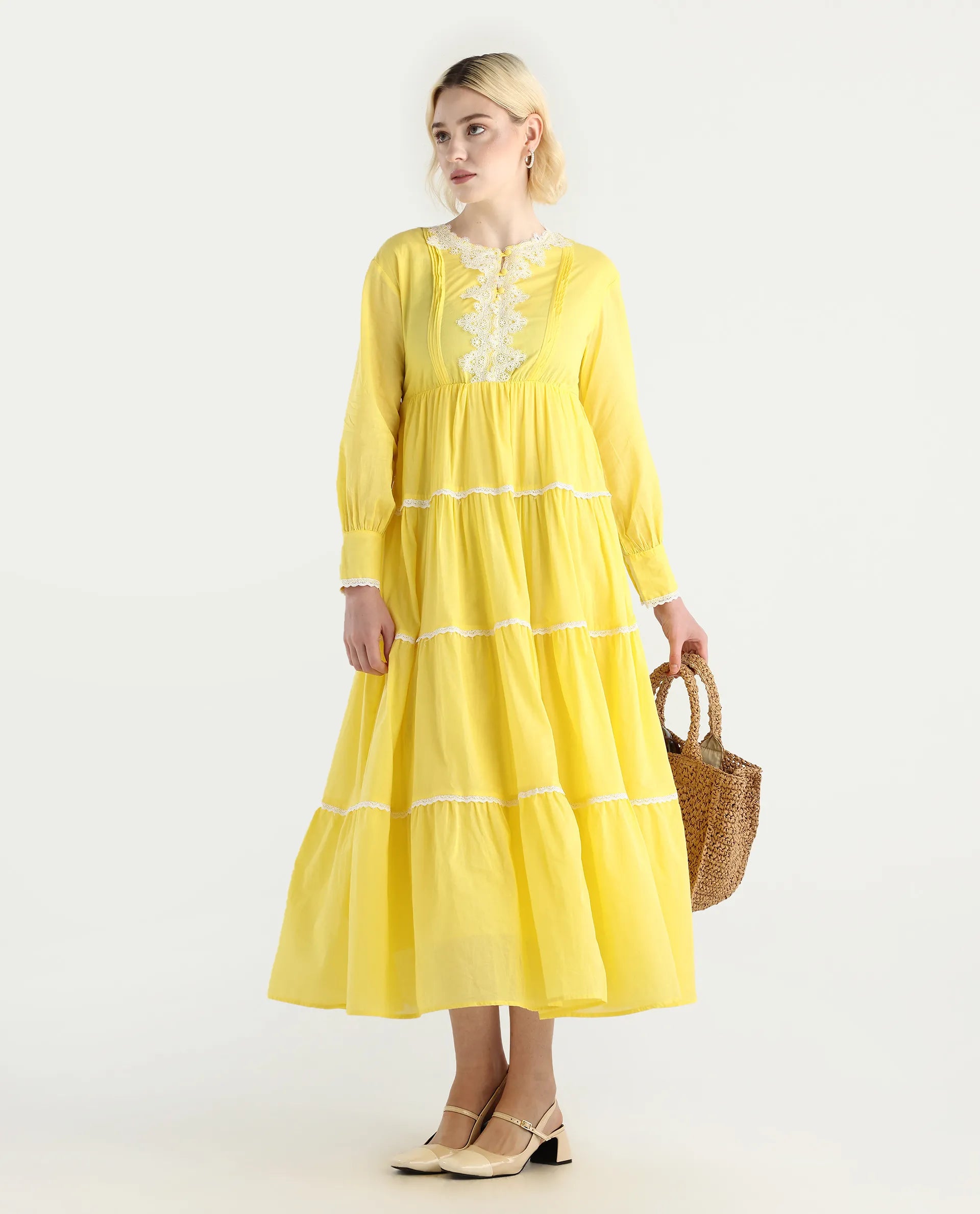 Rareism Women's Janron Mustard Cotton Round Neck Plain Bishop Sleeve Maxi Fit And Flare Dress