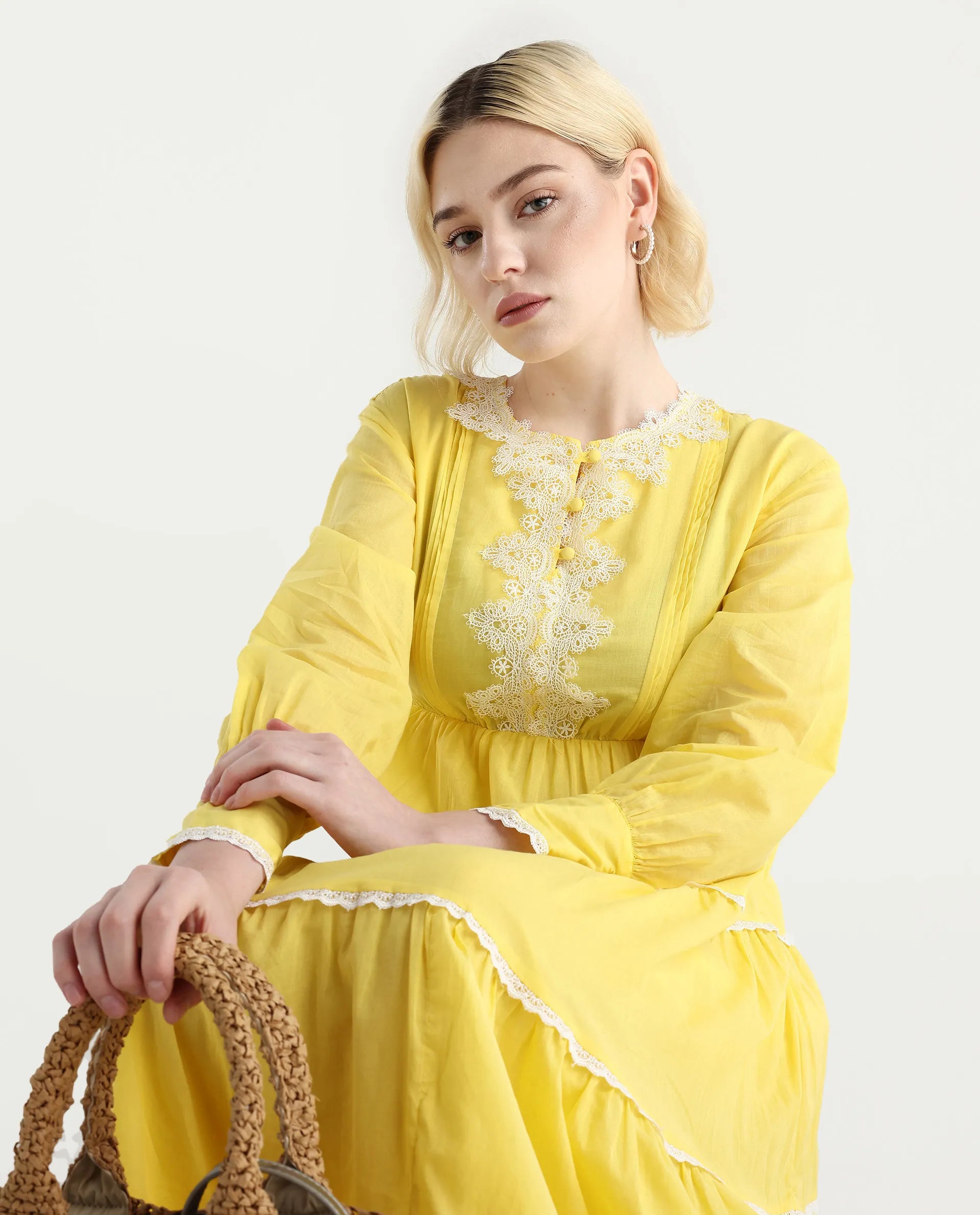 Rareism Women's Janron Mustard Cotton Round Neck Plain Bishop Sleeve Maxi Fit And Flare Dress