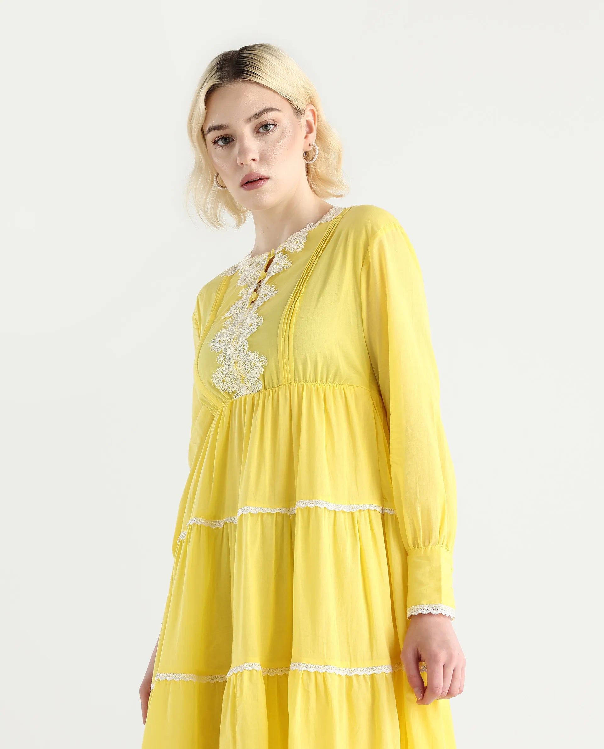 Rareism Women's Janron Mustard Cotton Round Neck Plain Bishop Sleeve Maxi Fit And Flare Dress