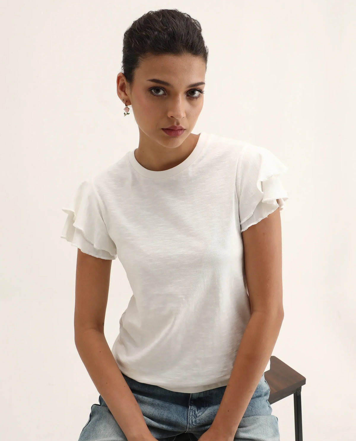 Rareism Women's Janruf Off White Cotton Round Neck Plain Ruffled Sleeve Regular Fit T-Shirt