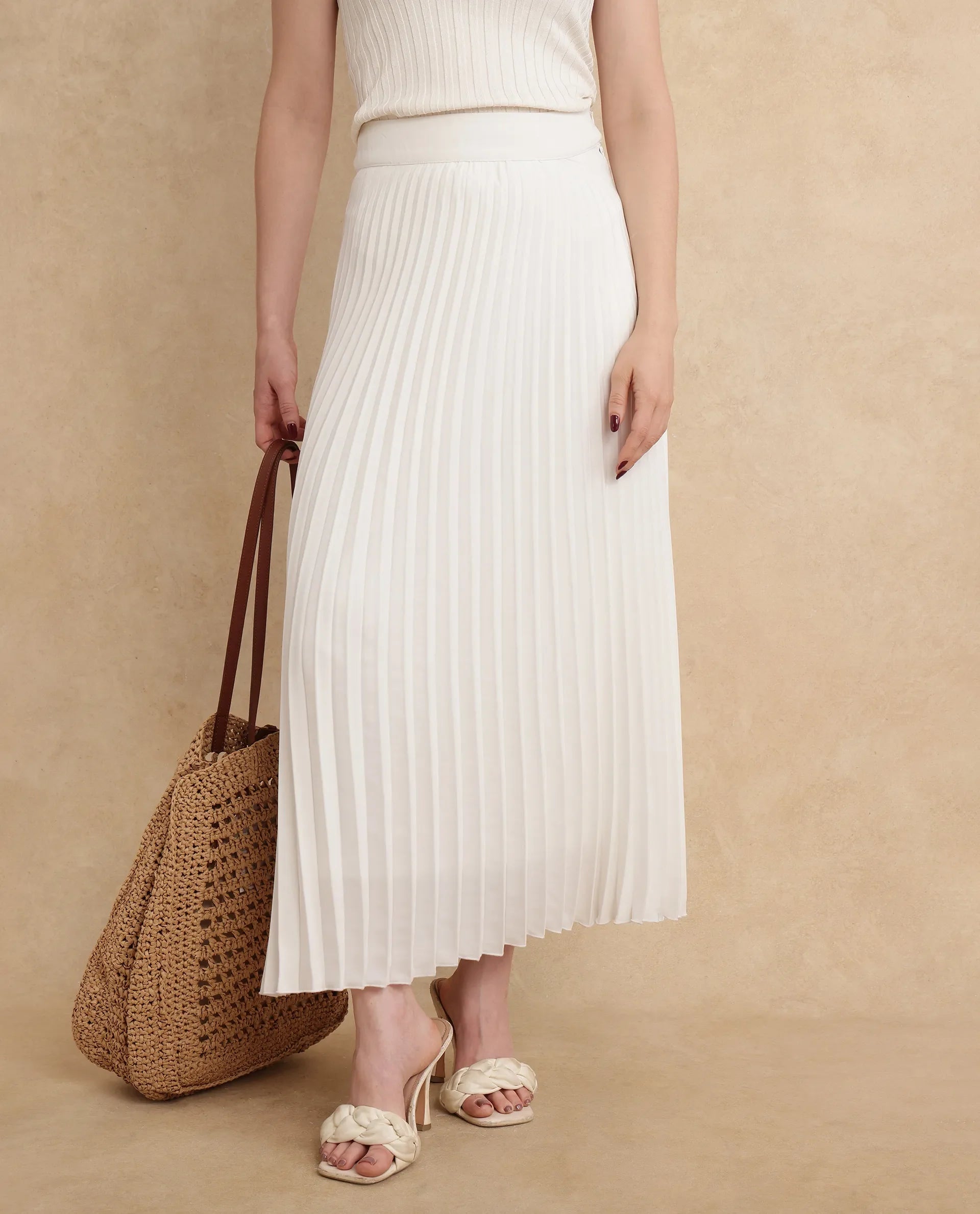 Rareism Women Jansu Off White Polyester Fabric V-Neck Flared Midi Plain Skirt