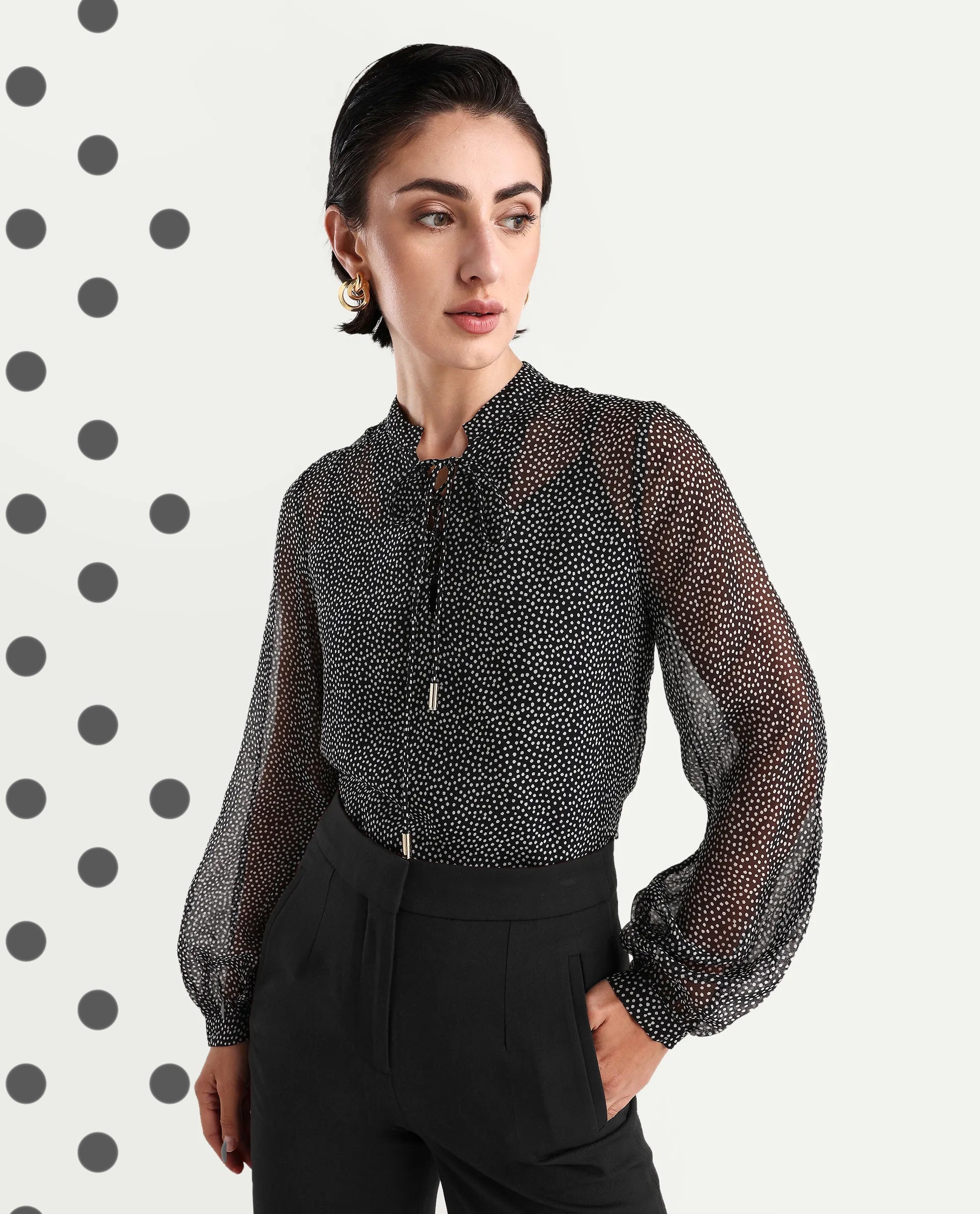 Rareism Women's Jantab Black Viscose Band Collar Polka Print Bishop Sleeve Relaxed Fit Top