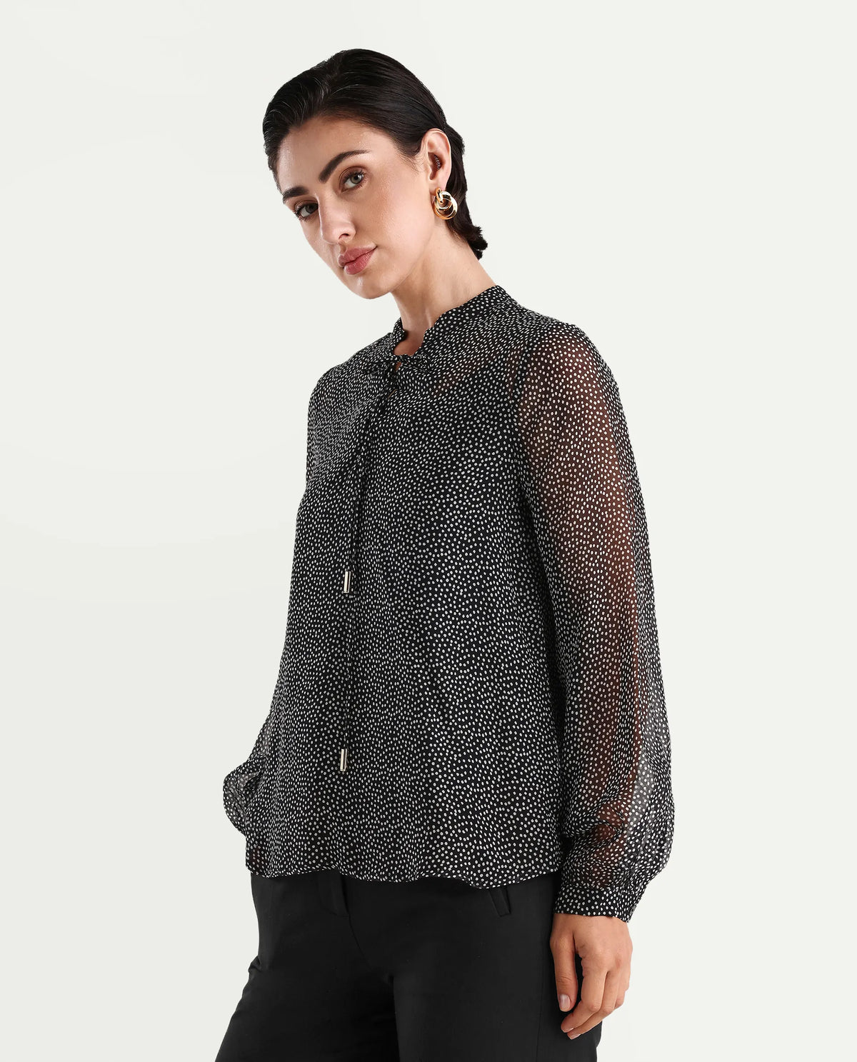 Rareism Women's Jantab Black Viscose Band Collar Polka Print Bishop Sleeve Relaxed Fit Top