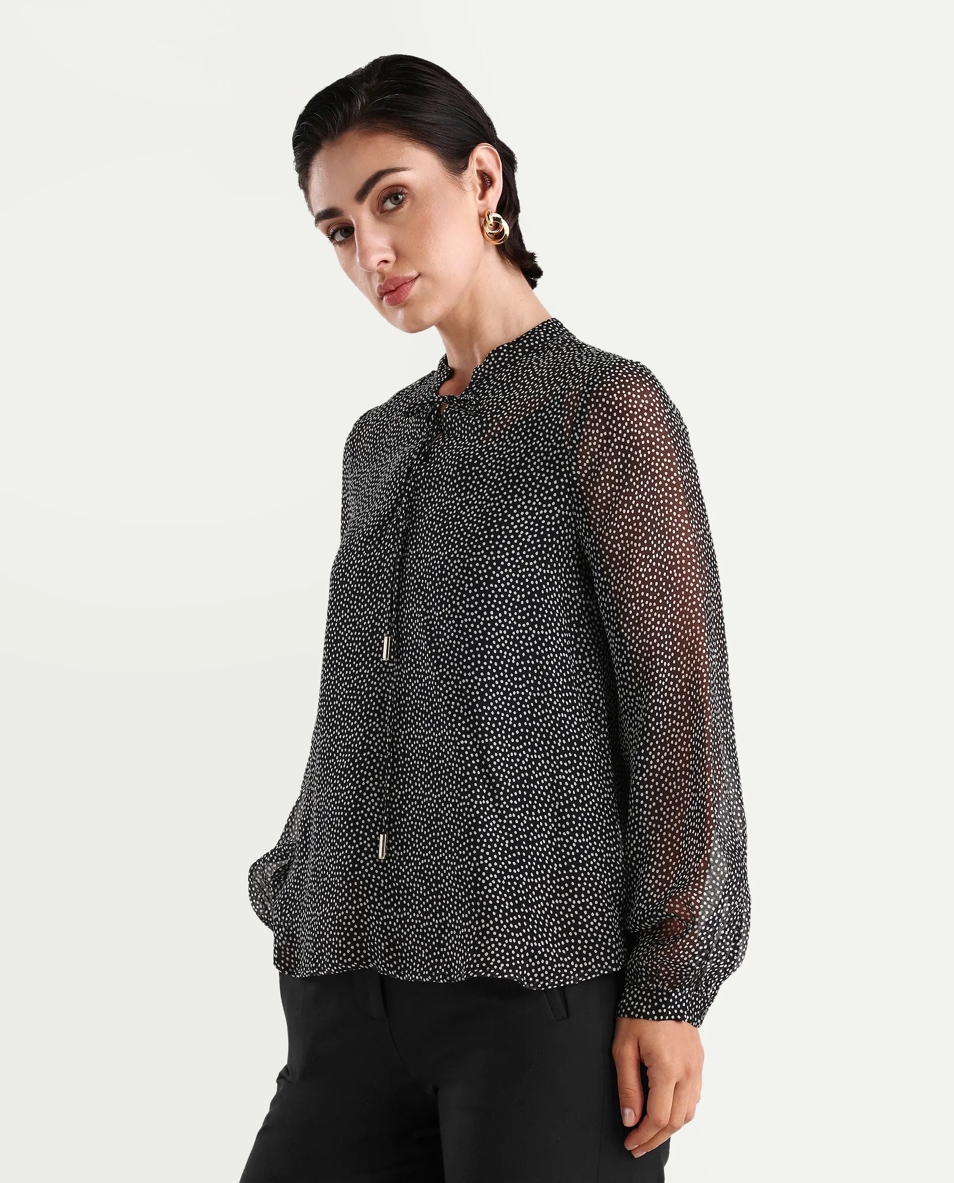 Rareism Women's Jantab Black Viscose Band Collar Polka Print Bishop Sleeve Relaxed Fit Top