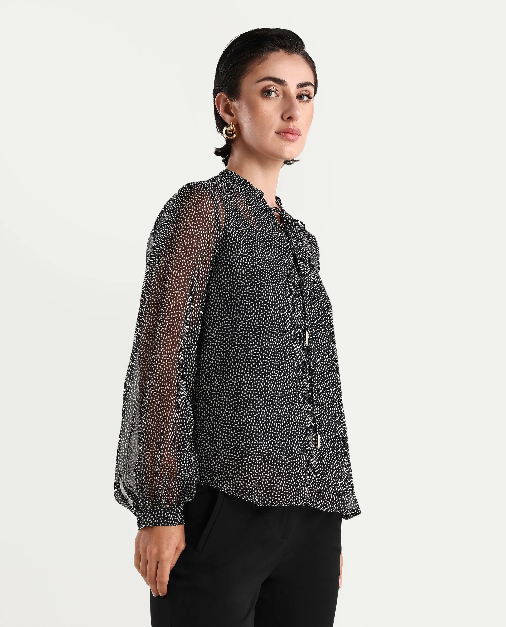 Rareism Women's Jantab Black Viscose Band Collar Polka Print Bishop Sleeve Relaxed Fit Top