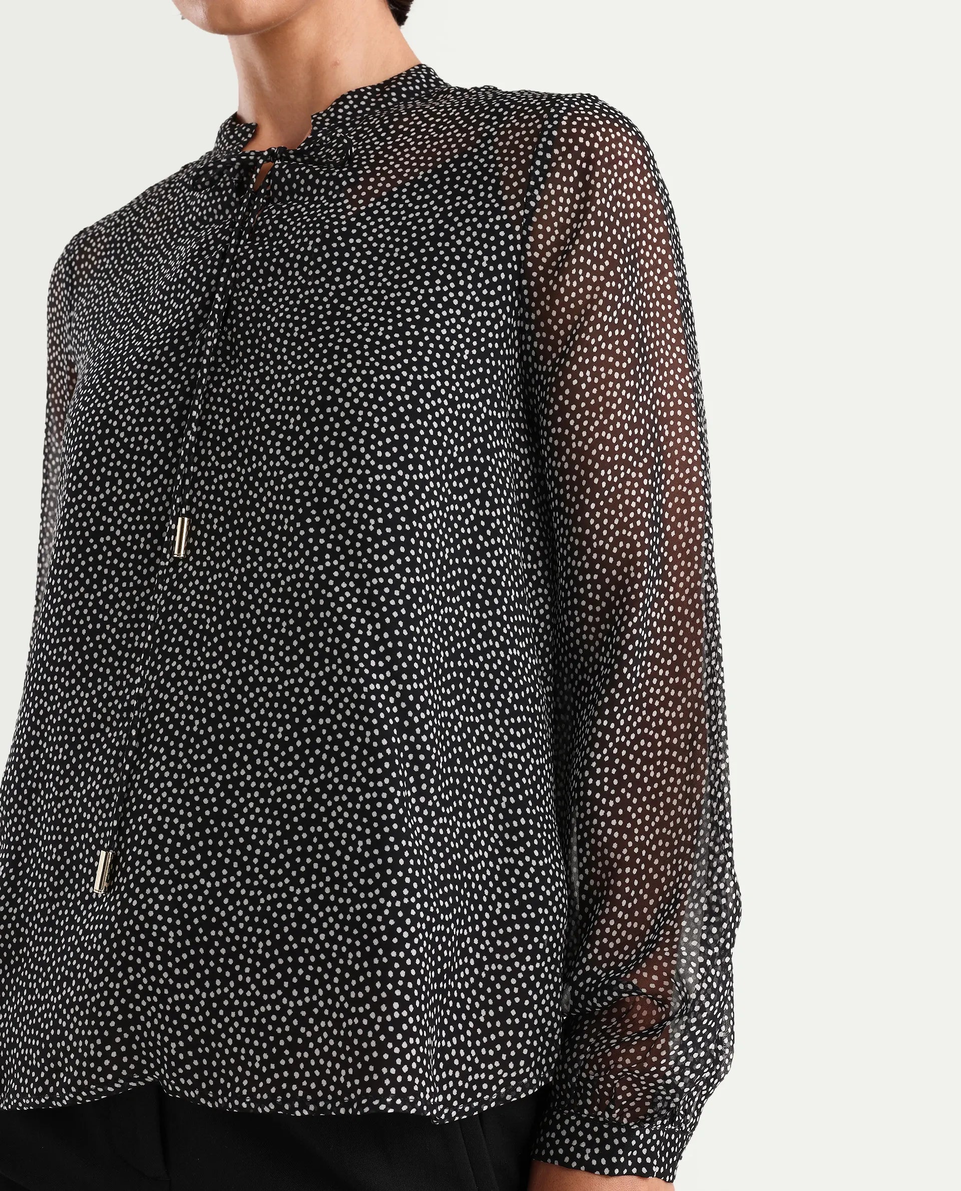 Rareism Women's Jantab Black Viscose Band Collar Polka Print Bishop Sleeve Relaxed Fit Top