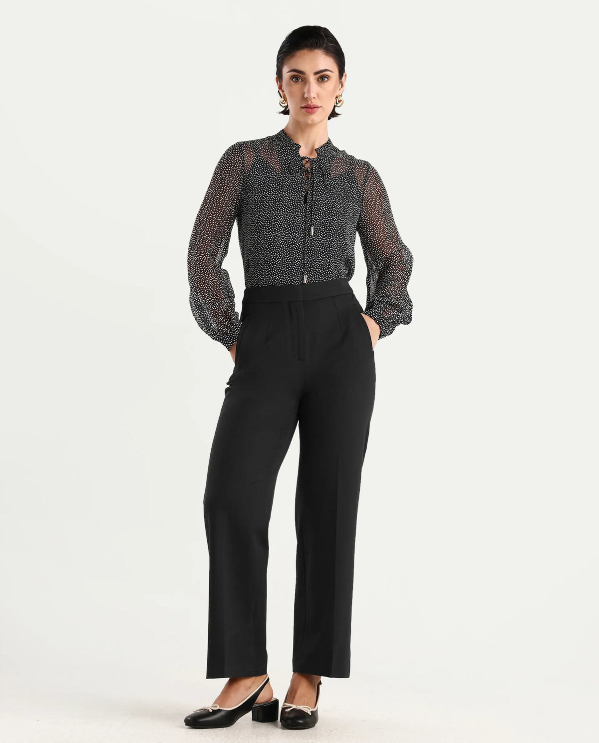 Rareism Women's Jantab Black Viscose Band Collar Polka Print Bishop Sleeve Relaxed Fit Top