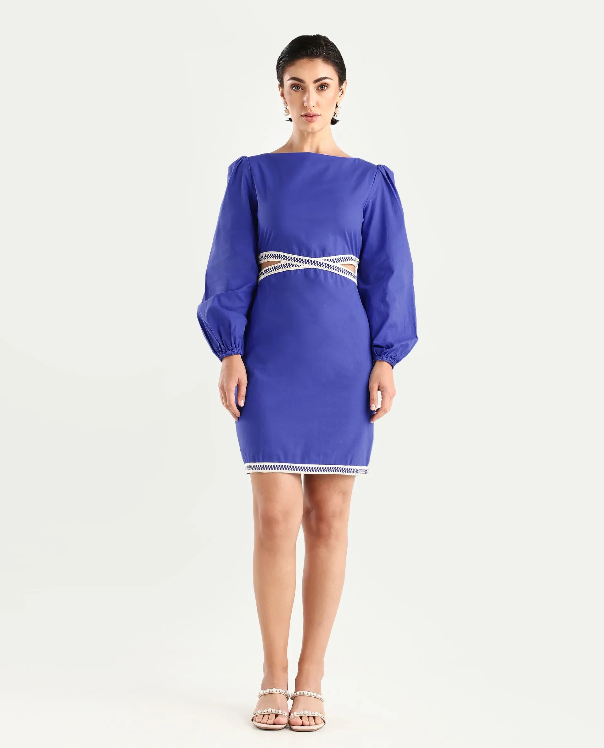 Rareism Women's Jantata Blue Cotton Boat Neck Plain Bishop Sleeve Mini Fitted Dress