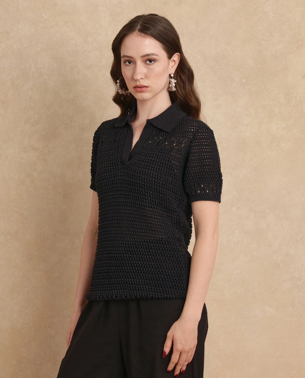 Rareism Women Jantuda Black Rayon Nylon Fabric Regular Sleeve Overlap Neck Regular Fit Plain Top